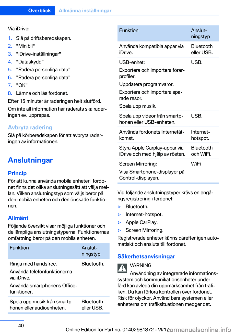BMW 5 SERIES 2018  InstruktionsbÖcker (in Swedish) �V�i�a� �i�D�r�i�v�e�:�1�.�S�l�å� �p�å� �d�r�i�f�t�s�b�e�r�e�d�s�k�a�p�e�n�.�2�.�"�M�i�n� �b�i�l�"�3�.�"�i�D�r�i�v�e�-�i�n�s�t�ä�l�l�n�i�n�g�a�r�"�4�.�"�D�a�t�a�s�k�y�d�d�"�