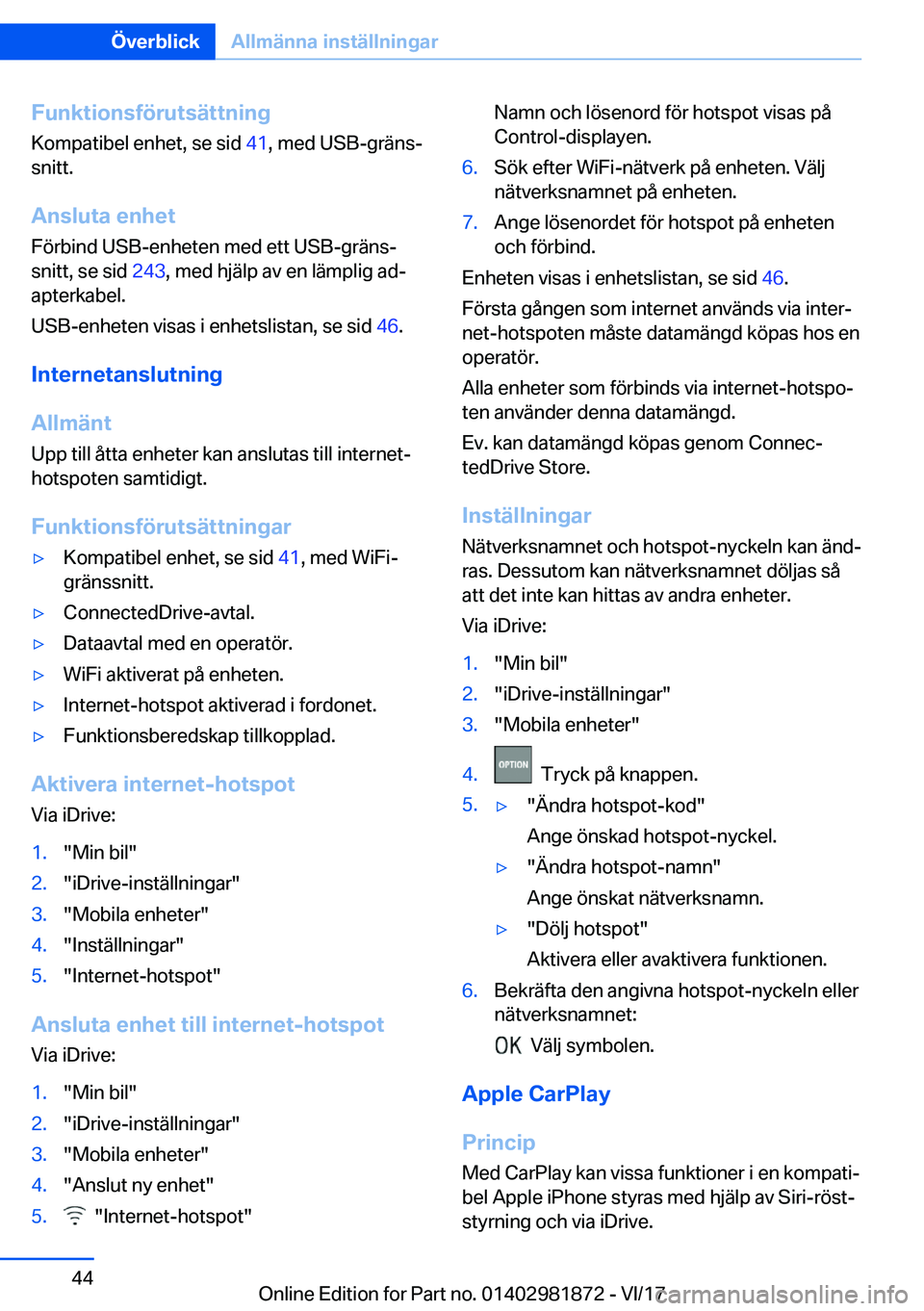 BMW 5 SERIES 2018  InstruktionsbÖcker (in Swedish) �F�u�n�k�t�i�o�n�s�f�