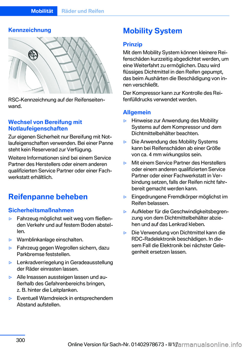 BMW 5 SERIES 2017  Betriebsanleitungen (in German) �K�e�n�n�z�e�i�c�h�n�u�n�g
�R�S�C�-�K�e�n�n�z�e�i�c�h�n�u�n�g� �a�u�f� �d�e�r� �R�e�i�f�e�n�s�e�i�t�e�nj�w�a�n�d�.
�W�e�c�h�s�e�l��v�o�n��B�e�r�e�i�f�u�n�g��m�i�t �N�o�t�l�a�u�f�e�i�g�e�n�s�c�h�a�