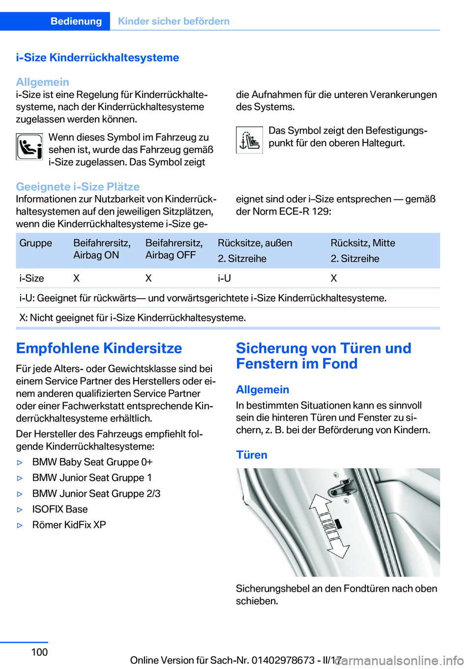 BMW 5 SERIES 2017  Betriebsanleitungen (in German) �i�-�S�i�z�e��K�i�n�d�e�r�r�
