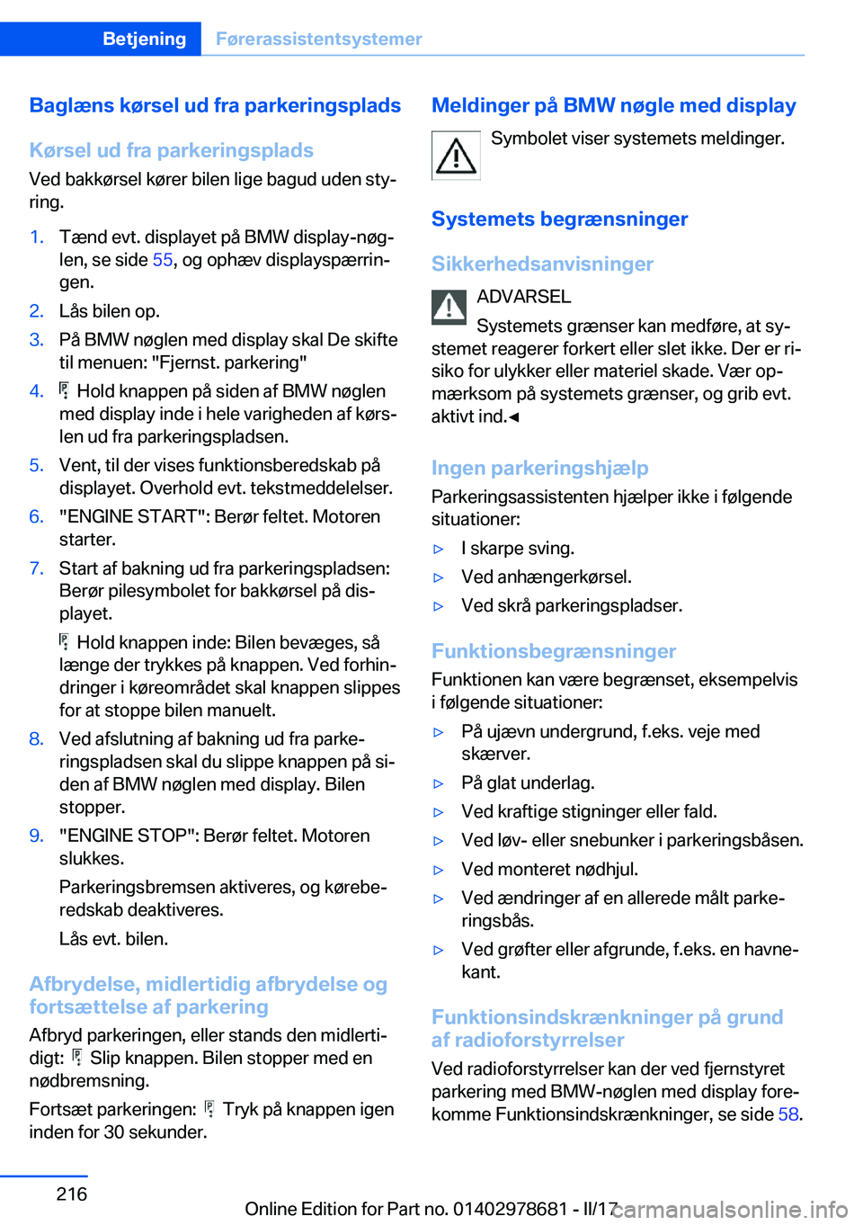 BMW 5 SERIES 2017  InstruktionsbØger (in Danish) �B�a�g�l�æ�n�s��k�