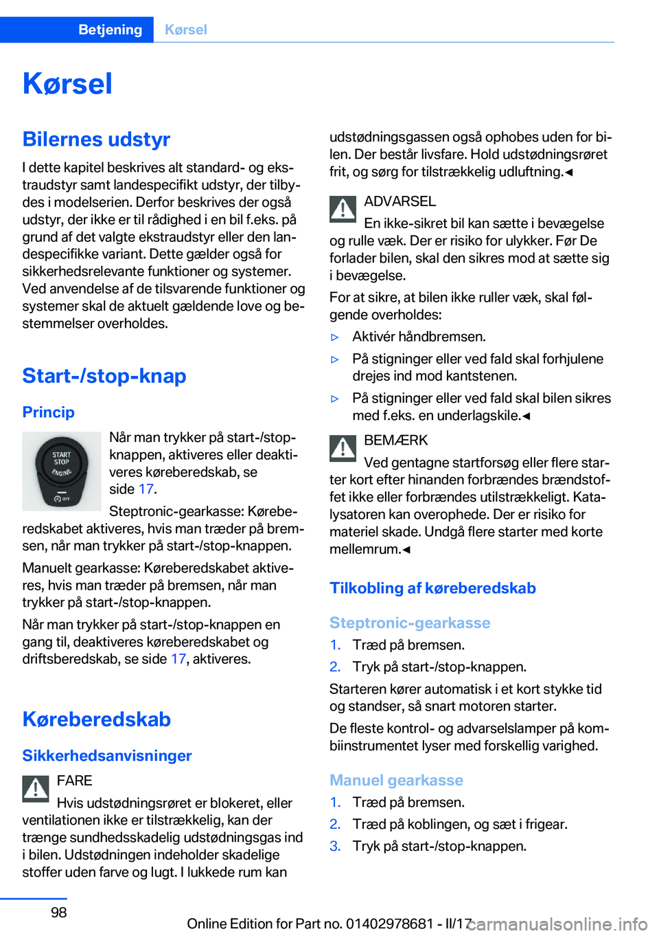 BMW 5 SERIES 2017  InstruktionsbØger (in Danish) �K�