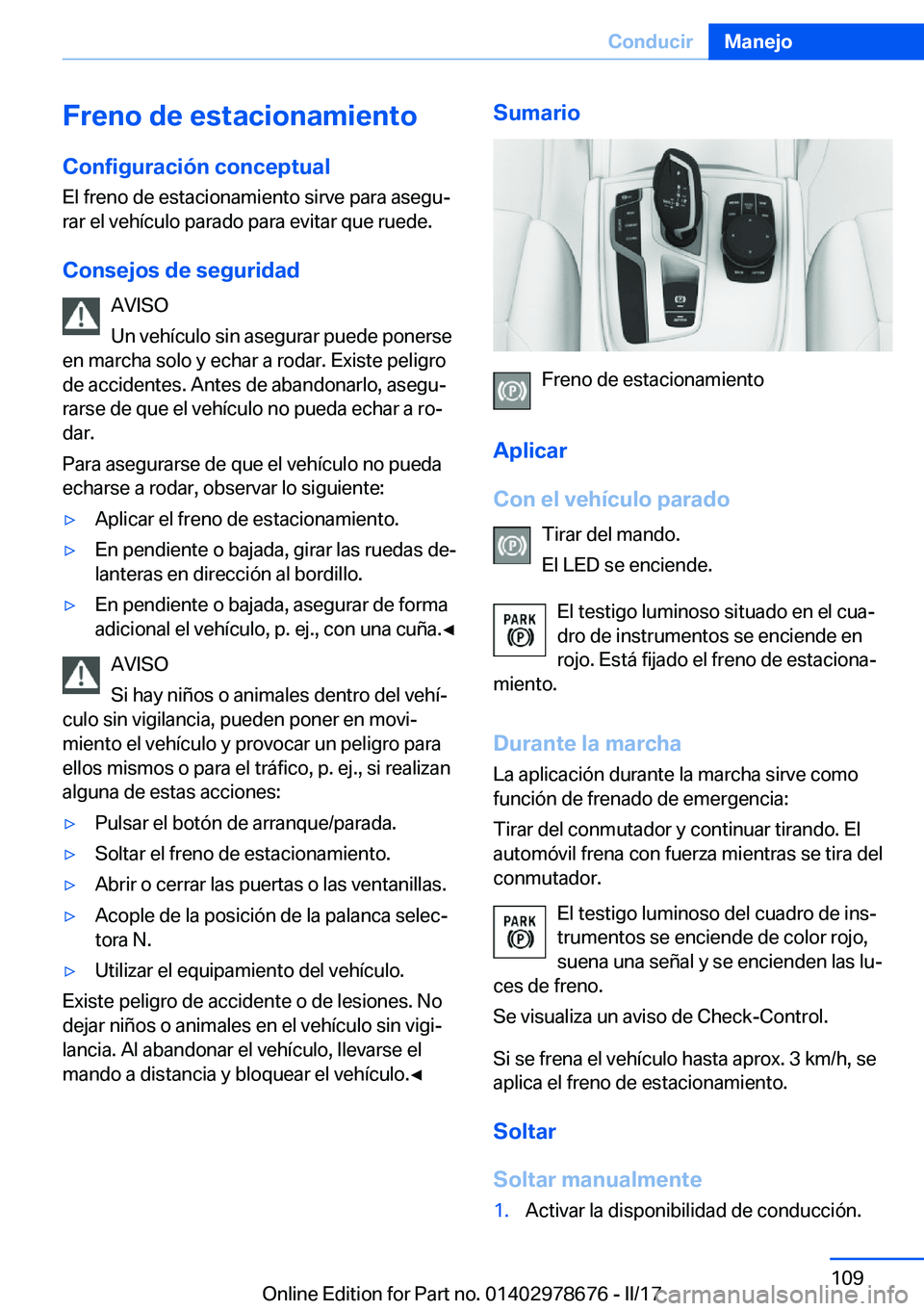 BMW 5 SERIES 2017  Manuales de Empleo (in Spanish) �F�r�e�n�o��d�e��e�s�t�a�c�i�o�n�a�m�i�e�n�t�o�C�o�n�f�i�g�u�r�a�c�i�