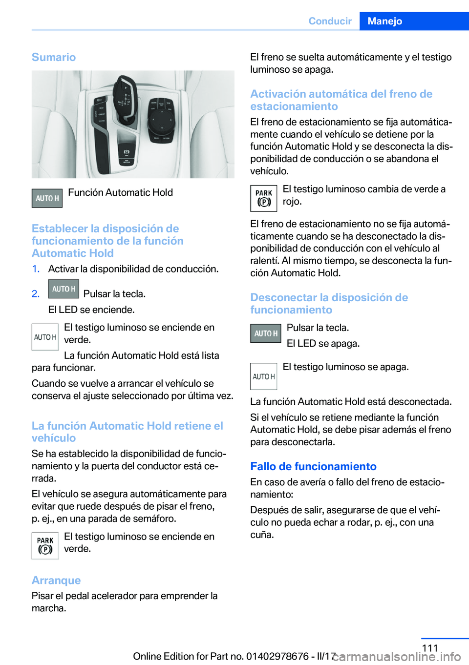 BMW 5 SERIES 2017  Manuales de Empleo (in Spanish) �S�u�m�a�r�i�o
�F�u�n�c�i�