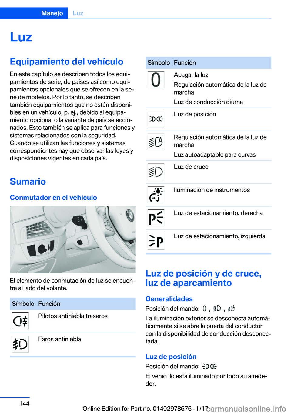 BMW 5 SERIES 2017  Manuales de Empleo (in Spanish) �L�u�z�E�q�u�i�p�a�m�i�e�n�t�o��d�e�l��v�e�h�