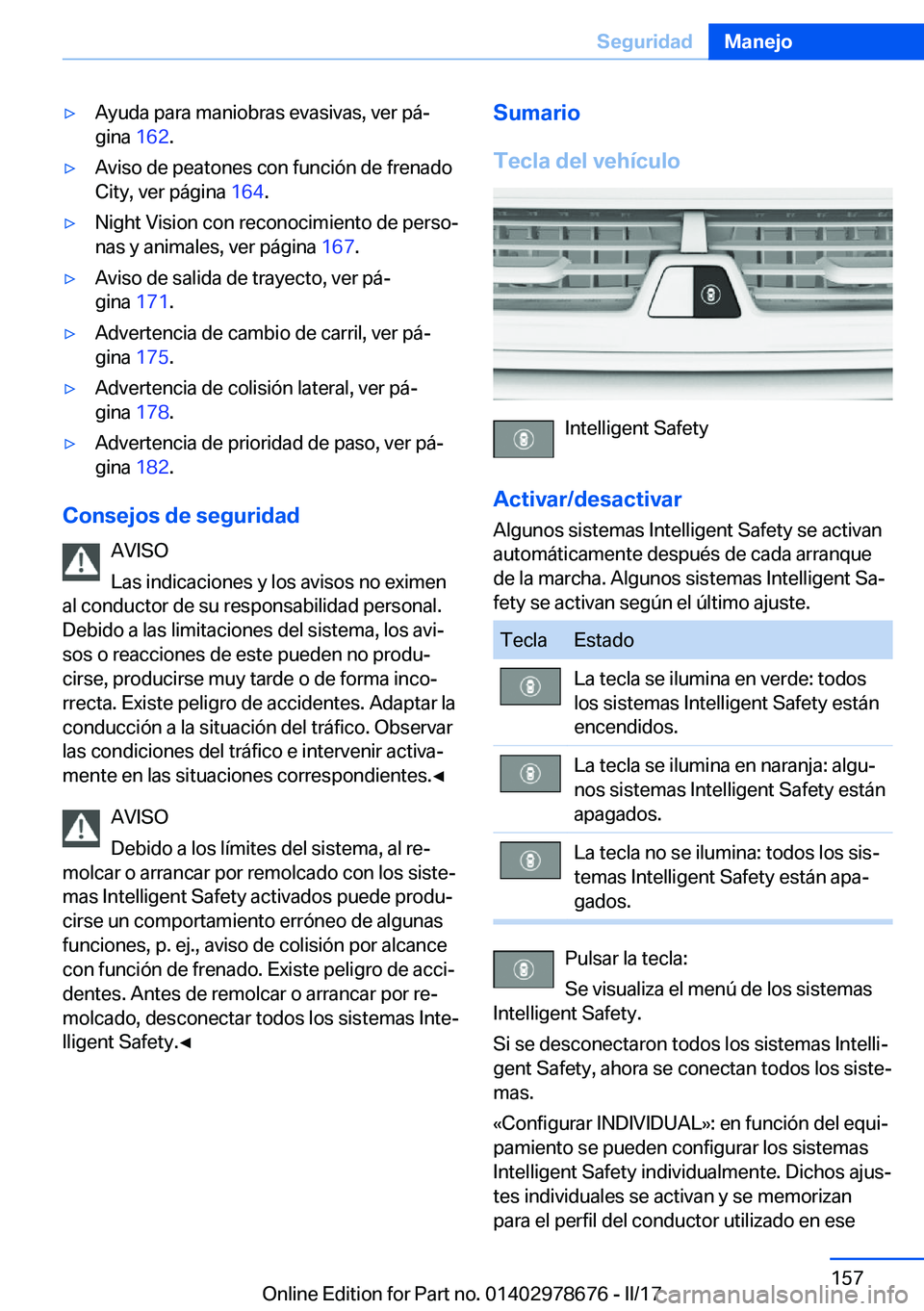BMW 5 SERIES 2017  Manuales de Empleo (in Spanish) 'y�A�y�u�d�a� �p�a�r�a� �m�a�n�i�o�b�r�a�s� �e�v�a�s�i�v�a�s�,� �v�e�r� �p�áª
�g�i�n�a�  �1�6�2�.'y�A�v�i�s�o� �d�e� �p�e�a�t�o�n�e�s� �c�o�n� �f�u�n�c�i�
