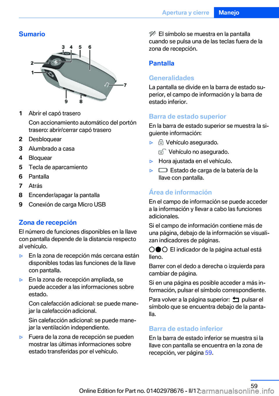 BMW 5 SERIES 2017  Manuales de Empleo (in Spanish) �S�u�m�a�r�i�o�1�A�b�r�i�r� �e�l� �c�a�p�