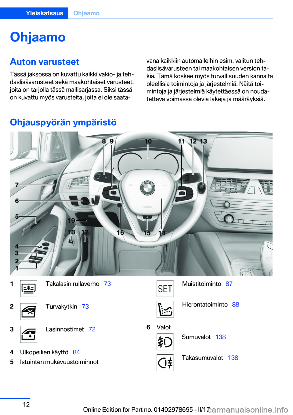 BMW 5 SERIES 2017  Omistajan Käsikirja (in Finnish) �O�h�j�a�a�m�o�A�u�t�o�n��v�a�r�u�s�t�e�e�t�T�ä�s�s�ä� �j�a�k�s�o�s�s�a� �o�n� �k�u�v�a�t�t�u� �k�a�i�k�k�i� �v�a�k�i�o�-� �j�a� �t�e�hj�d�a�s�l�i�s�ä�v�a�r�u�s�t�e�e�t� �s�e�k�ä� �m�a�a�k�o�h�t