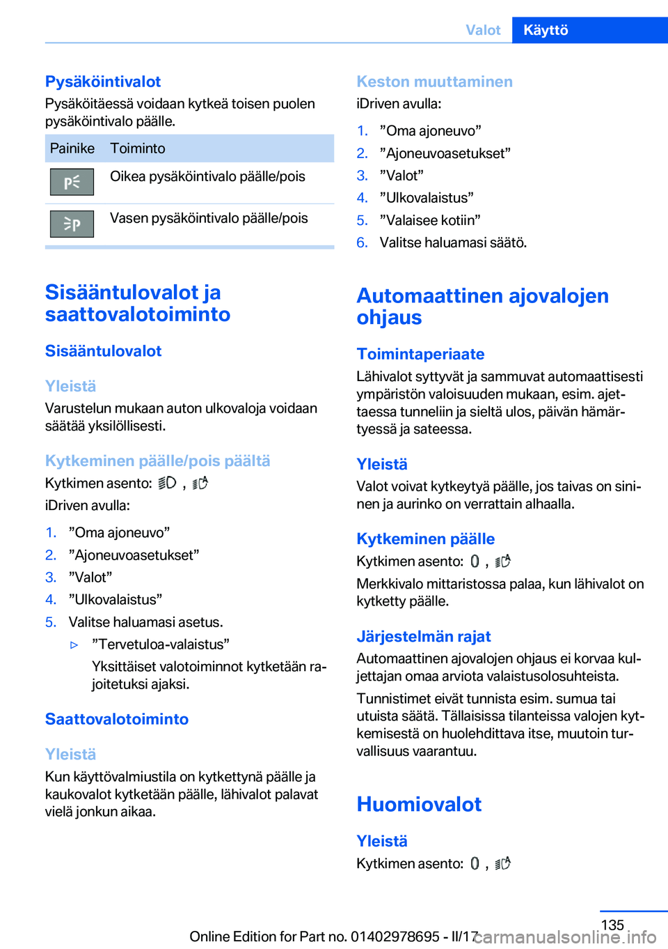BMW 5 SERIES 2017  Omistajan Käsikirja (in Finnish) �P�y�s�
