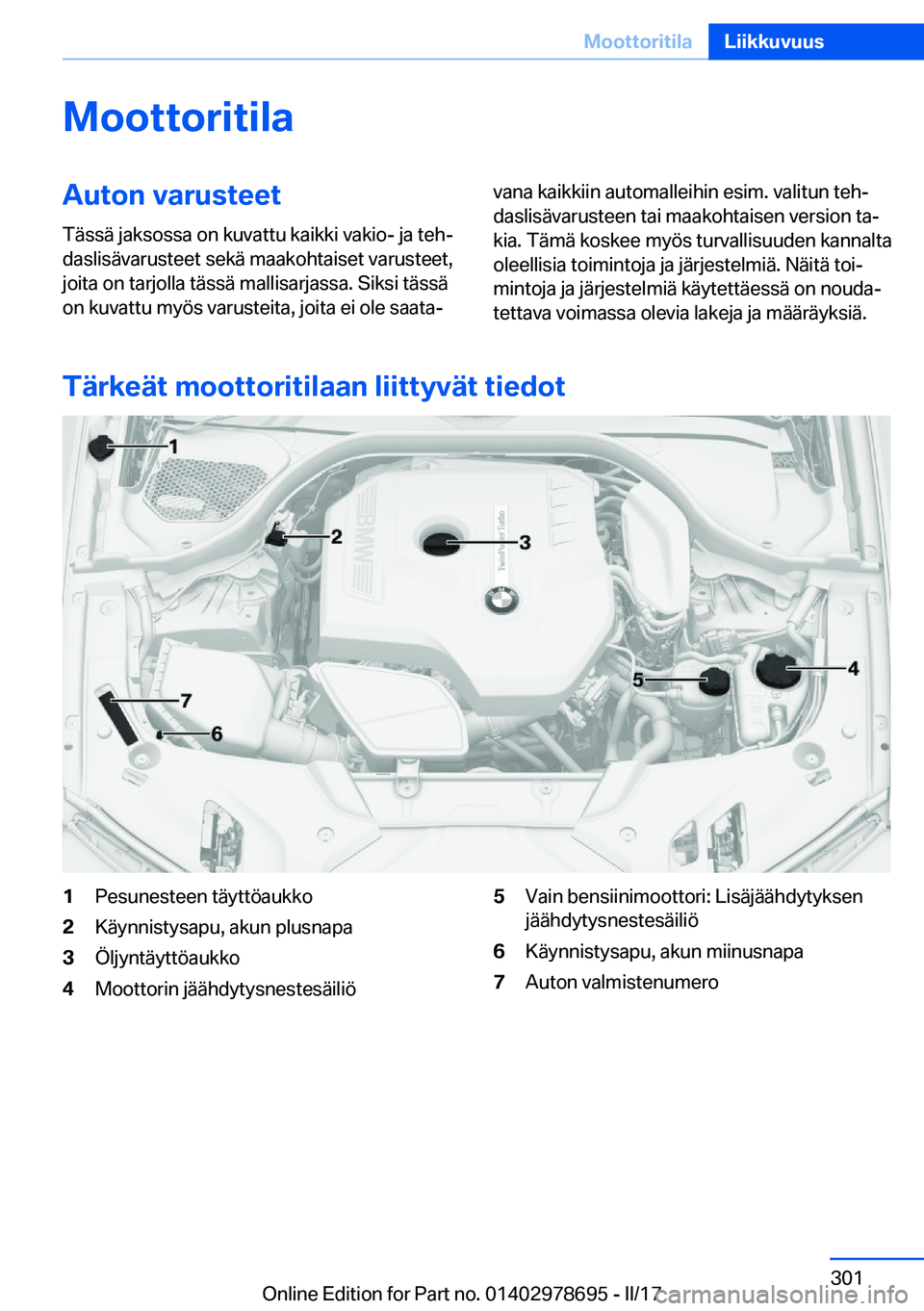 BMW 5 SERIES 2017  Omistajan Käsikirja (in Finnish) �M�o�o�t�t�o�r�i�t�i�l�a�A�u�t�o�n��v�a�r�u�s�t�e�e�t�T�ä�s�s�ä� �j�a�k�s�o�s�s�a� �o�n� �k�u�v�a�t�t�u� �k�a�i�k�k�i� �v�a�k�i�o�-� �j�a� �t�e�hj�d�a�s�l�i�s�ä�v�a�r�u�s�t�e�e�t� �s�e�k�ä� �m�a