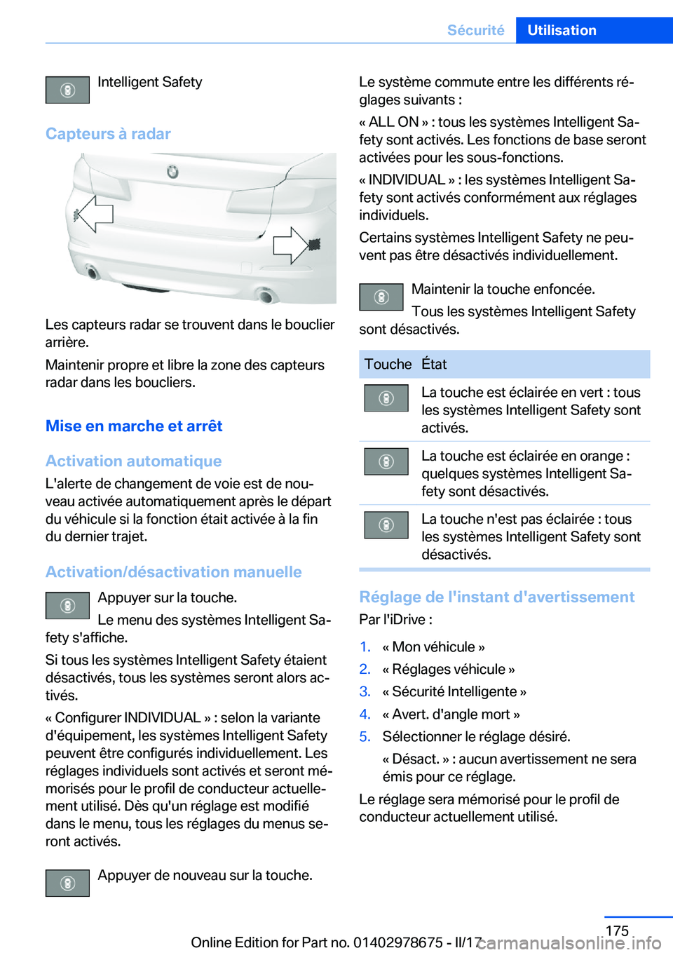 BMW 5 SERIES 2017  Notices Demploi (in French) �I�n�t�e�l�l�i�g�e�n�t� �S�a�f�e�t�y
�C�a�p�t�e�u�r�s��