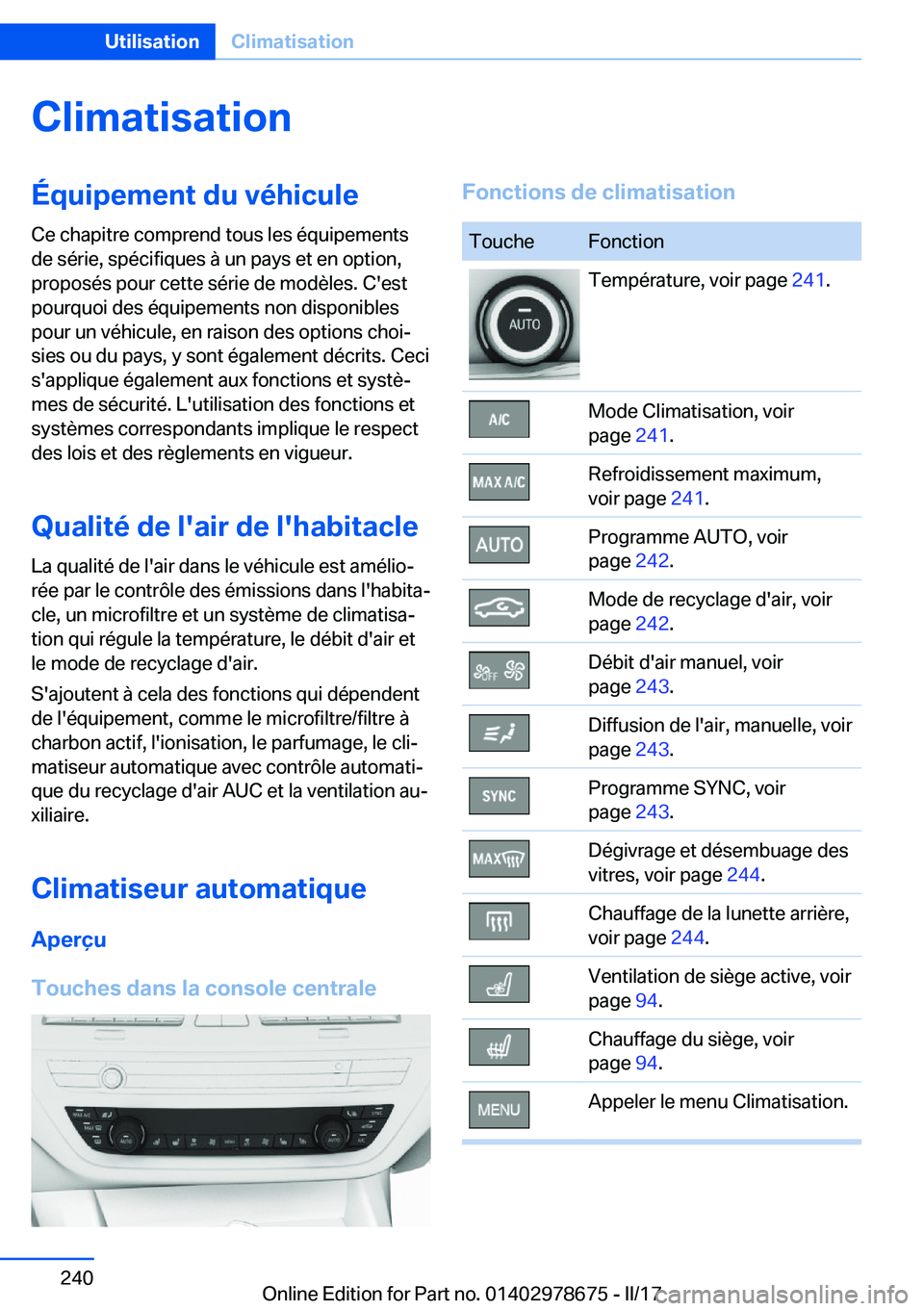 BMW 5 SERIES 2017  Notices Demploi (in French) �C�l�i�m�a�t�i�s�a�t�i�o�n�