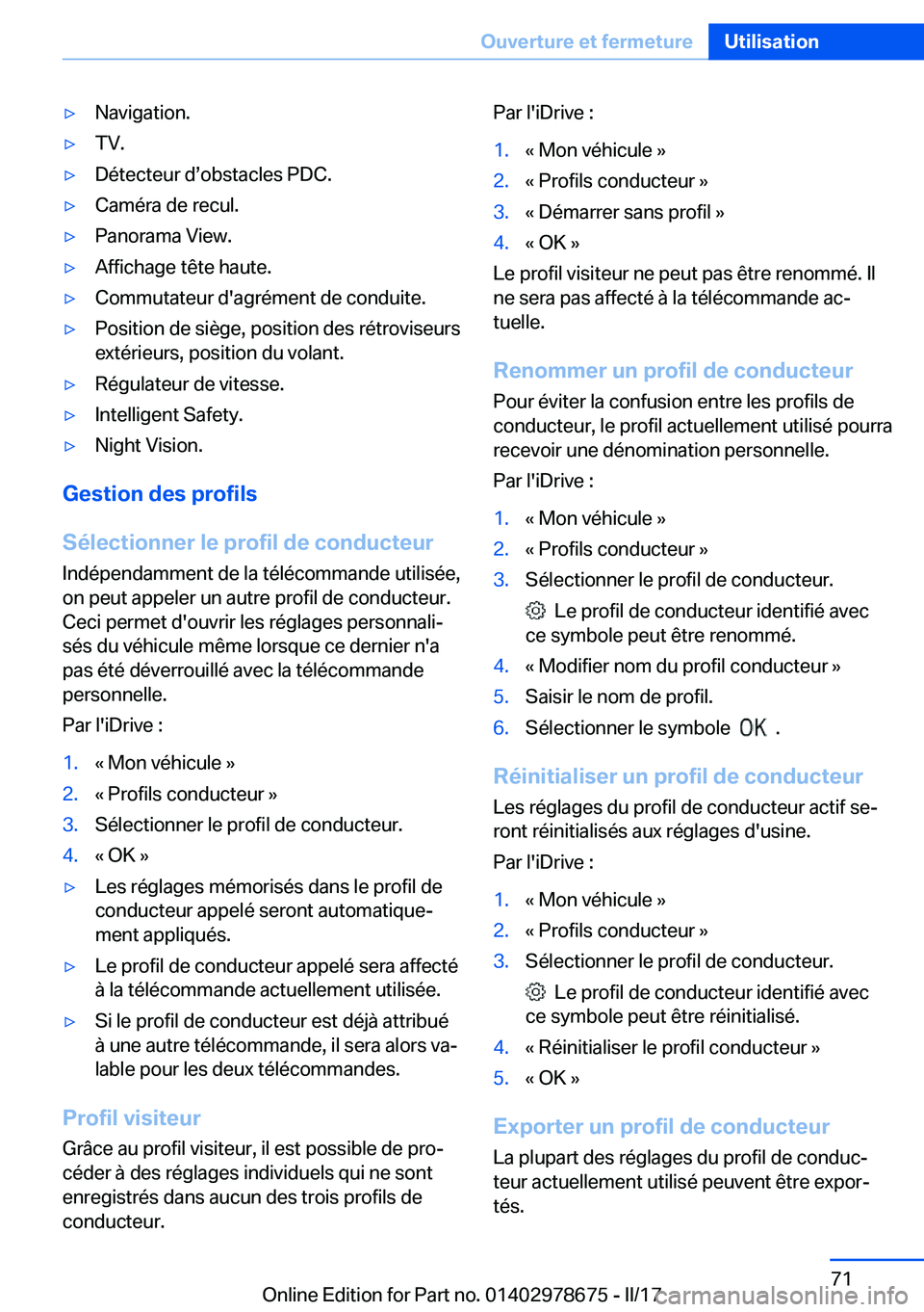 BMW 5 SERIES 2017  Notices Demploi (in French) 'y�N�a�v�i�g�a�t�i�o�n�.'y�T�V�.'y�D�é�t�e�c�t�e�u�r� �ds�o�b�s�t�a�c�l�e�s� �P�D�C�.'y�C�a�m�é�r�a� �d�e� �r�e�c�u�l�.'y�P�a�n�o�r�a�m�a� �V�i�e�w�.'y�A�f�f�i�c�h�a�g�e� �t