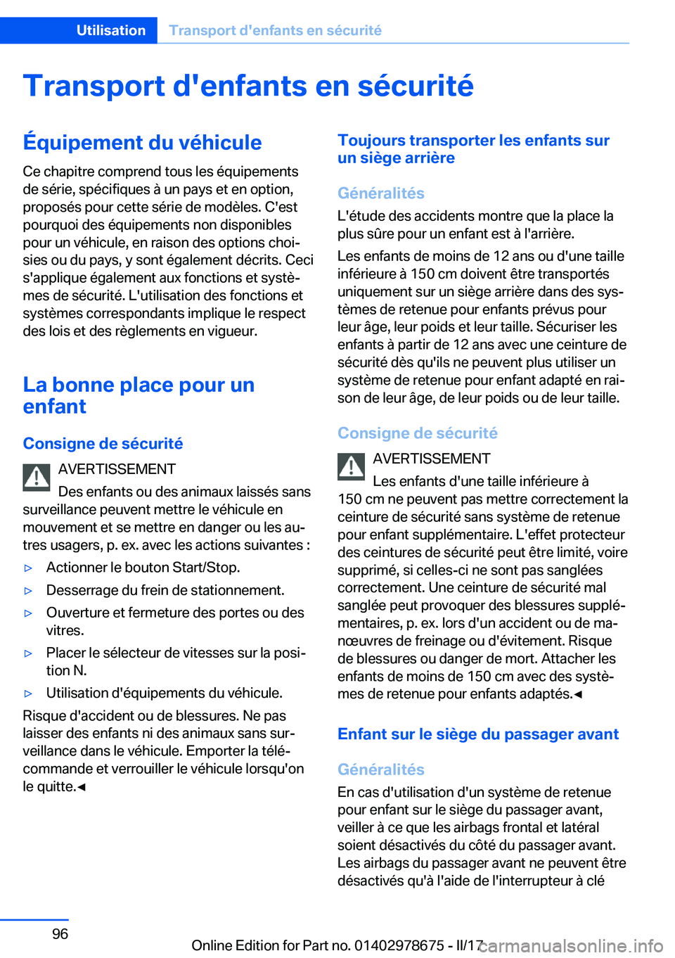 BMW 5 SERIES 2017  Notices Demploi (in French) �T�r�a�n�s�p�o�r�t��d�'�e�n�f�a�n�t�s��e�n��s�é�c�u�r�i�t�é�