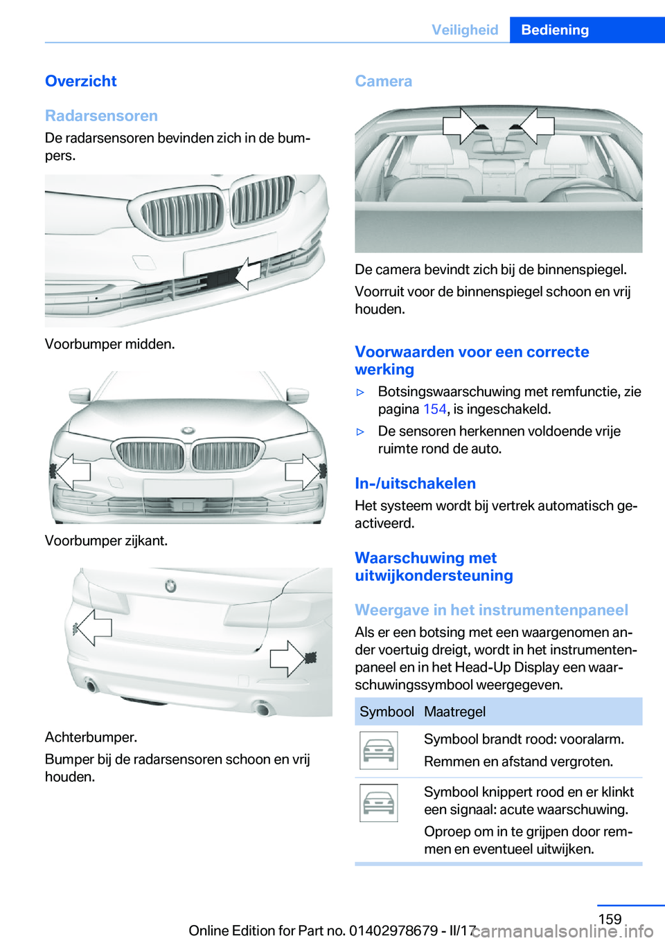 BMW 5 SERIES 2017  Instructieboekjes (in Dutch) �O�v�e�r�z�i�c�h�t
�R�a�d�a�r�s�e�n�s�o�r�e�n
�D�e� �r�a�d�a�r�s�e�n�s�o�r�e�n� �b�e�v�i�n�d�e�n� �z�i�c�h� �i�n� �d�e� �b�u�mj �p�e�r�s�.
�V�o�o�r�b�u�m�p�e�r� �m�i�d�d�e�n�.
�V�o�o�r�b�u�m�p�e�r� �