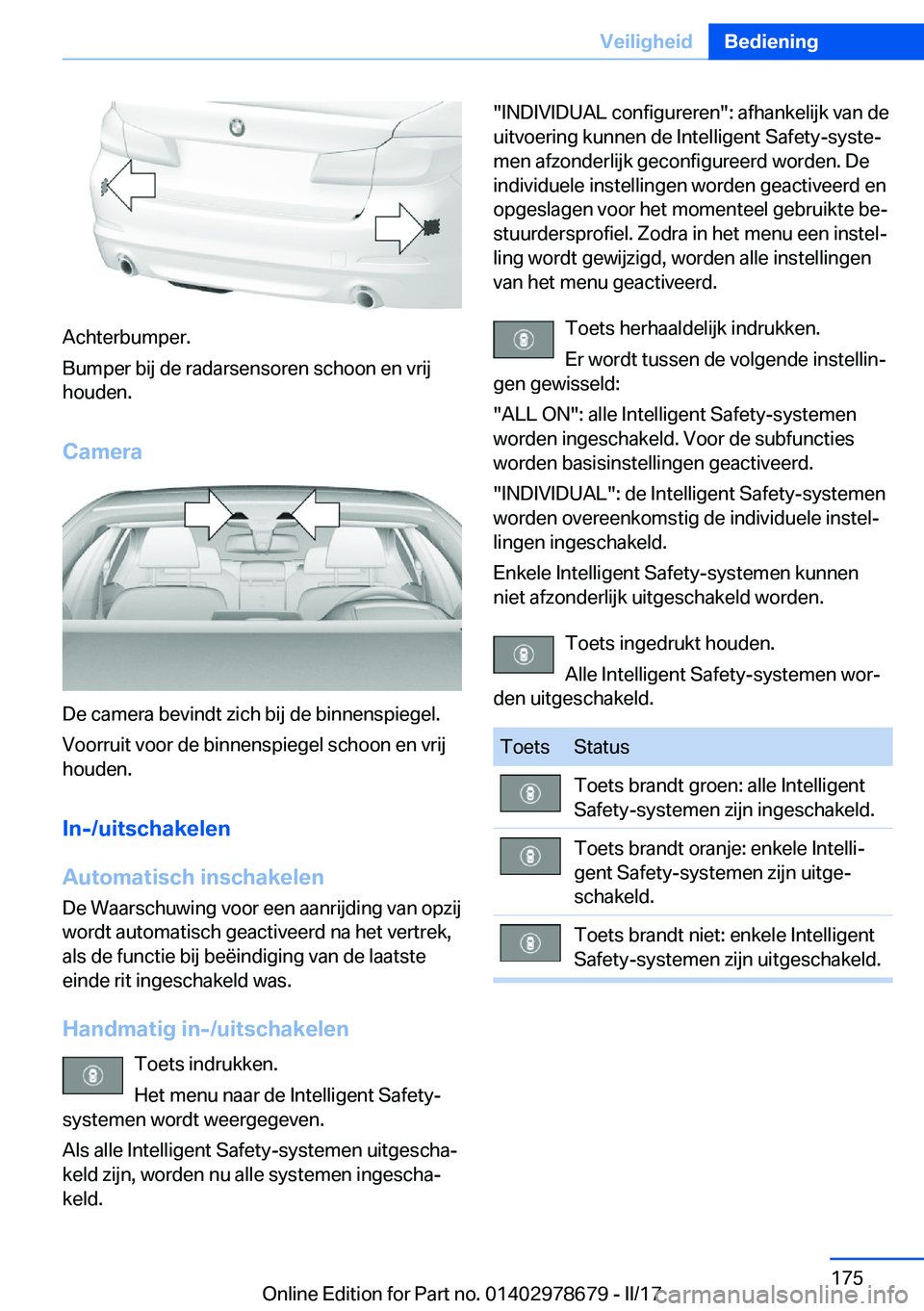 BMW 5 SERIES 2017  Instructieboekjes (in Dutch) �A�c�h�t�e�r�b�u�m�p�e�r�.
�B�u�m�p�e�r� �b�i�j� �d�e� �r�a�d�a�r�s�e�n�s�o�r�e�n� �s�c�h�o�o�n� �e�n� �v�r�i�j
�h�o�u�d�e�n�.
�C�a�m�e�r�a
�D�e� �c�a�m�e�r�a� �b�e�v�i�n�d�t� �z�i�c�h� �b�i�j� �d�e� 