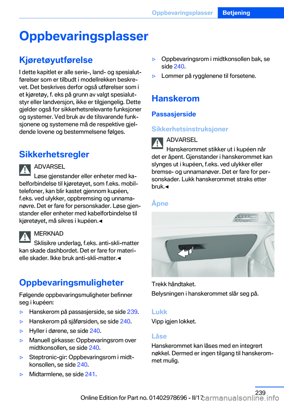BMW 5 SERIES 2017  InstruksjonsbØker (in Norwegian) �O�p�p�b�e�v�a�r�i�n�g�s�p�l�a�s�s�e�r�K�j�