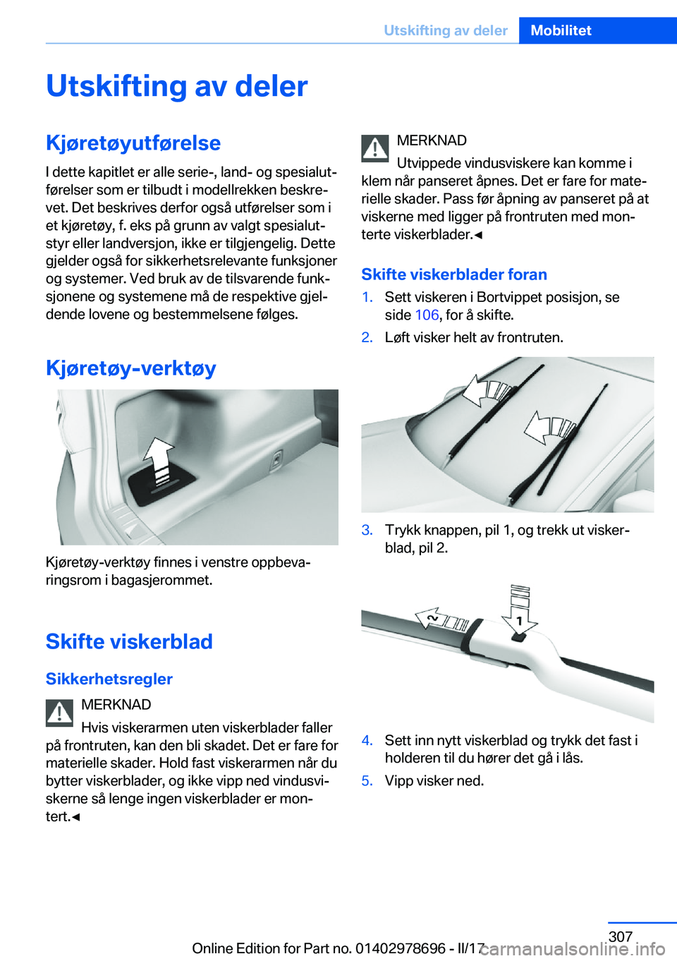 BMW 5 SERIES 2017  InstruksjonsbØker (in Norwegian) �U�t�s�k�i�f�t�i�n�g��a�v��d�e�l�e�r�K�j�