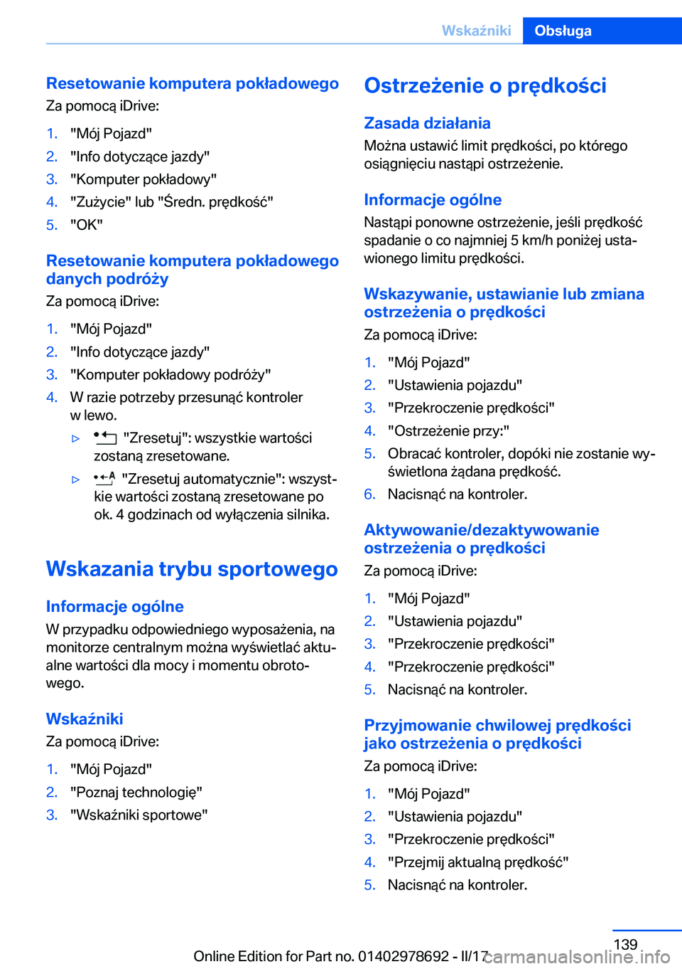 BMW 5 SERIES 2017  Instrukcja obsługi (in Polish) �R�e�s�e�t�o�w�a�n�i�e��k�o�m�p�u�t�e�r�a��p�o�k�ł�a�d�o�w�e�g�o
�Z�a� �p�o�m�o�c�
