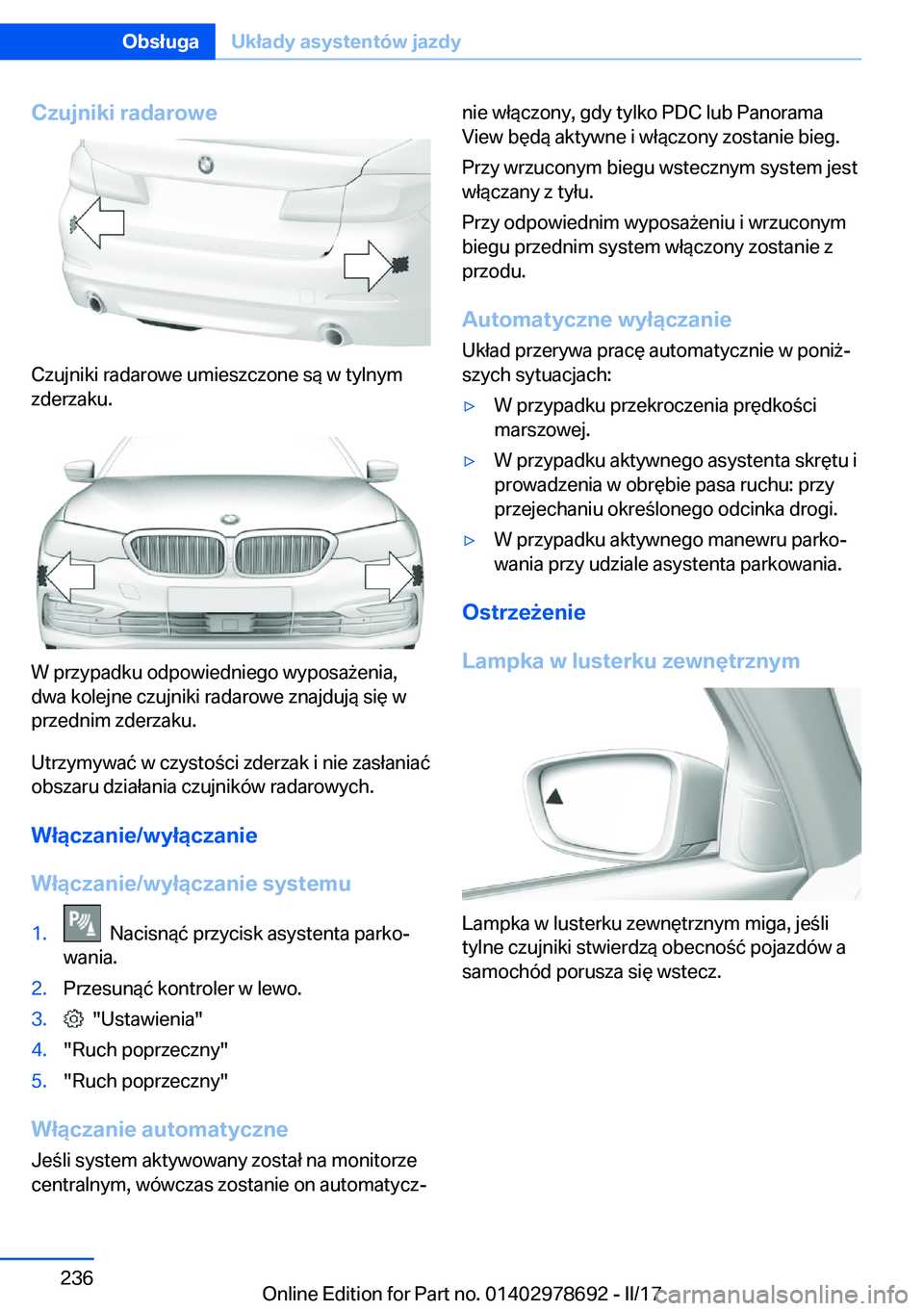 BMW 5 SERIES 2017  Instrukcja obsługi (in Polish) �C�z�u�j�n�i�k�i��r�a�d�a�r�o�w�e
�C�z�u�j�n�i�k�i� �r�a�d�a�r�o�w�e� �u�m�i�e�s�z�c�z�o�n�e� �s�