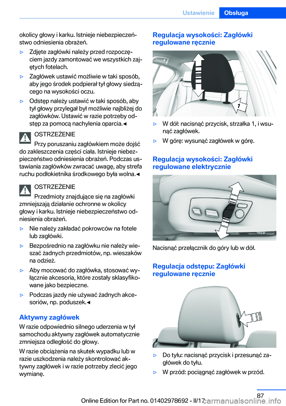 BMW 5 SERIES 2017  Instrukcja obsługi (in Polish) �o�k�o�l�i�c�y� �g�ł�o�w�y� �i� �k�a�r�k�u�.� �I�s�t�n�i�e�j�e� �n�i�e�b�e�z�p�i�e�c�z�e�