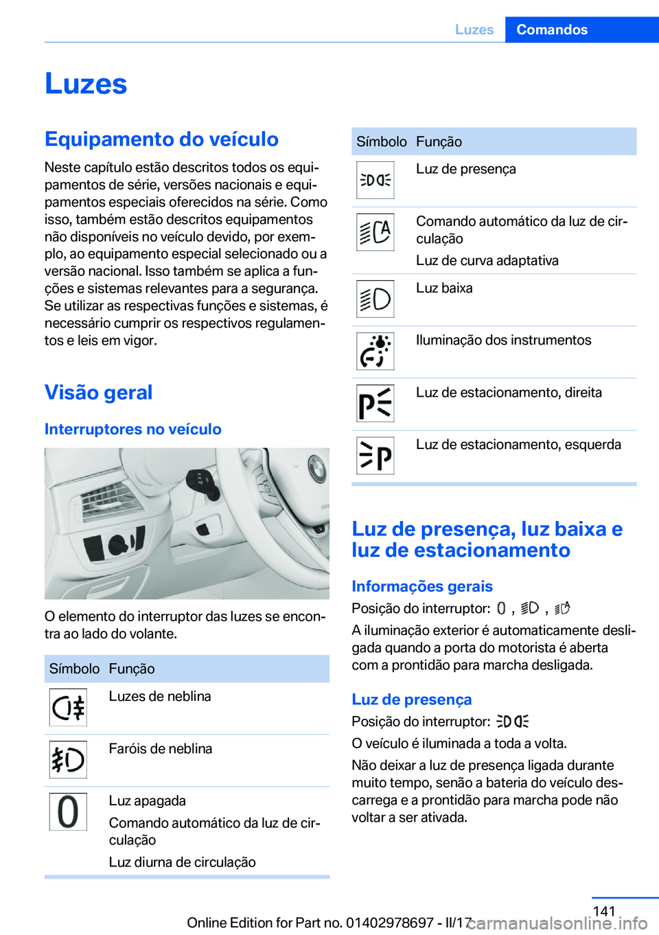 BMW 5 SERIES 2017  Manual do condutor (in Portuguese) �L�u�z�e�s�E�q�u�i�p�a�m�e�n�t�o��d�o��v�e�