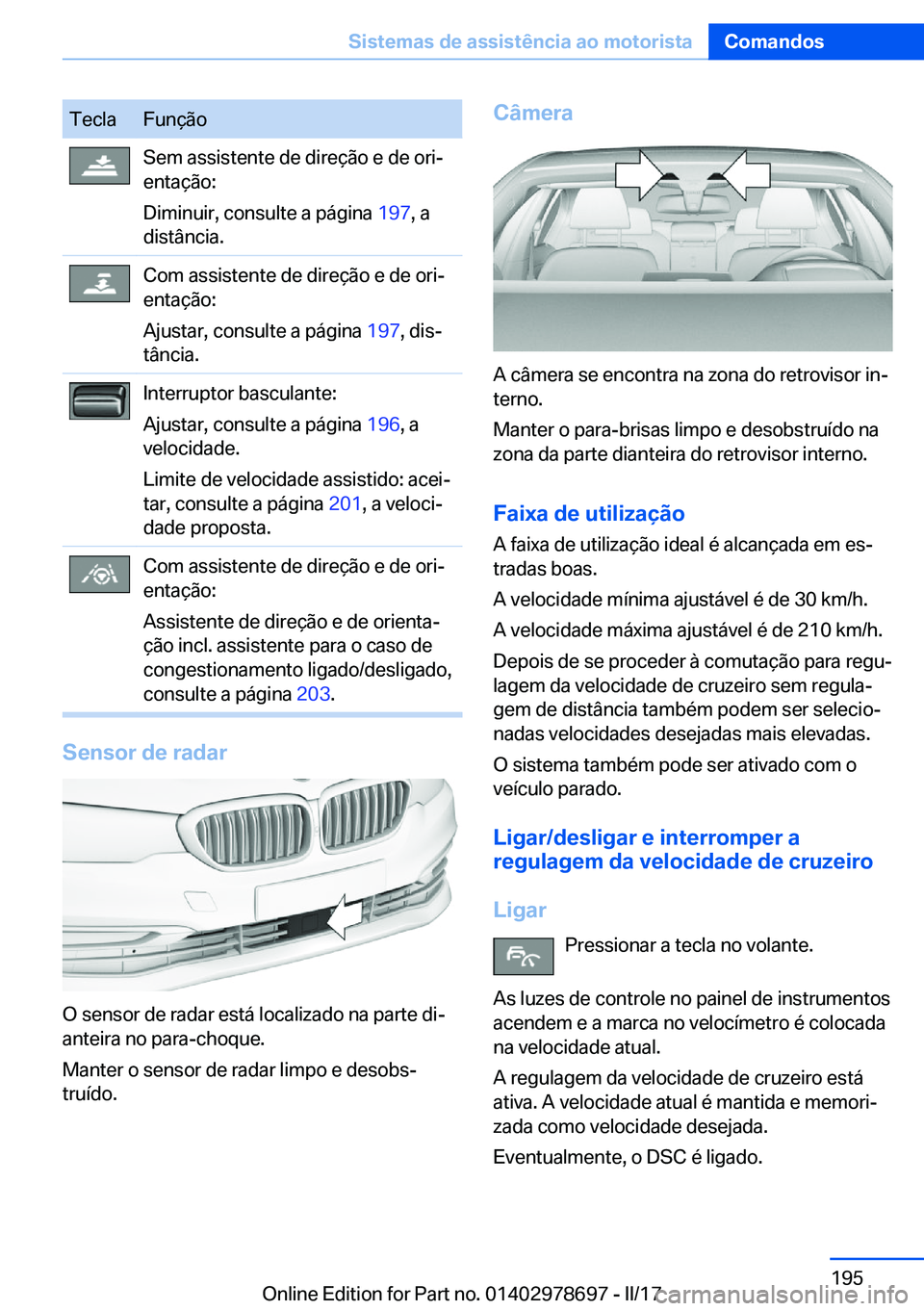 BMW 5 SERIES 2017  Manual do condutor (in Portuguese) �T�e�c�l�a�F�u�n�ç�ã�o�S�e�m� �a�s�s�i�s�t�e�n�t�e� �d�e� �d�i�r�e�ç�ã�o� �e� �d�e� �o�r�iª
�e�n�t�a�ç�ã�o�:
�D�i�m�i�n�u�i�r�,� �c�o�n�s�u�l�t�e� �a� �p�á�g�i�n�a�  �1�9�7�,� �a
�d�i�s�t�â�