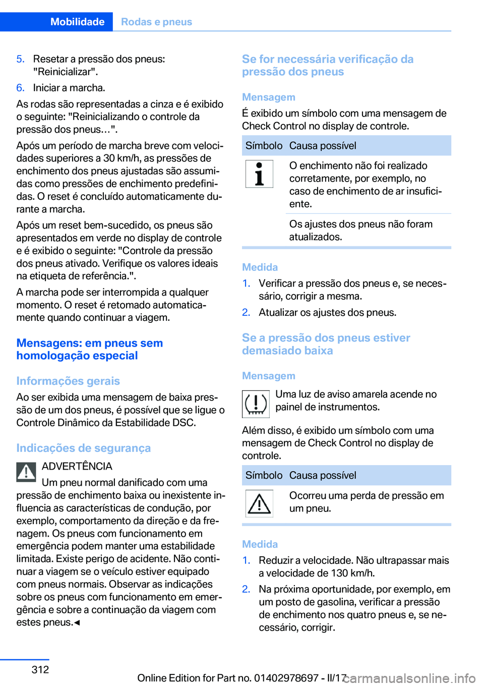 BMW 5 SERIES 2017  Manual do condutor (in Portuguese) �5�.�R�e�s�e�t�a�r� �a� �p�r�e�s�s�ã�o� �d�o�s� �p�n�e�u�s�:
�"�R�e�i�n�i�c�i�a�l�i�z�a�r�"�.�6�.�I�n�i�c�i�a�r� �a� �m�a�r�c�h�a�.
�A�s� �r�o�d�a�s� �s�ã�o� �r�e�p�r�e�s�e�n�t�a�d�a�s� �a� 