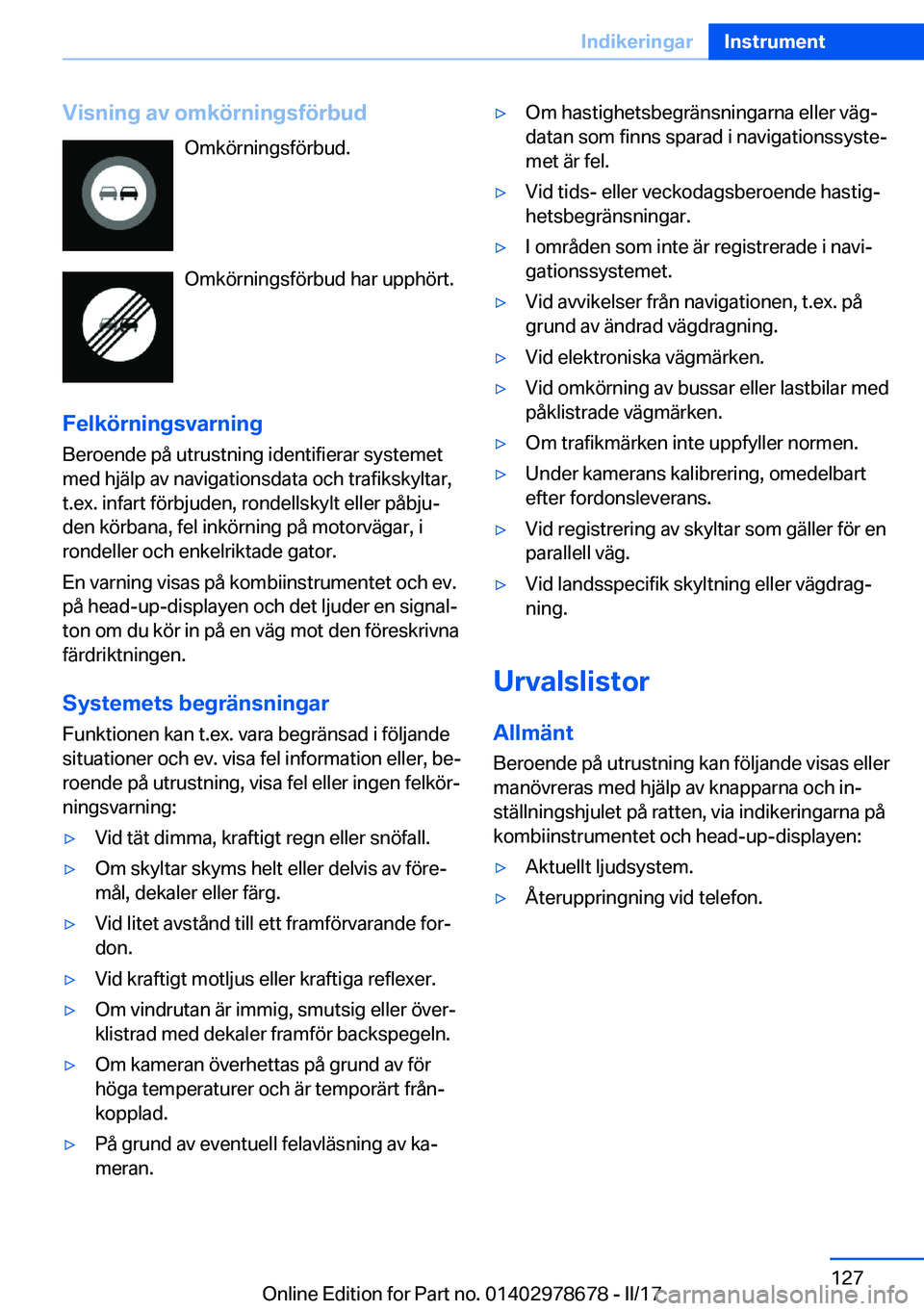 BMW 5 SERIES 2017  InstruktionsbÖcker (in Swedish) �V�i�s�n�i�n�g��a�v��o�m�k�