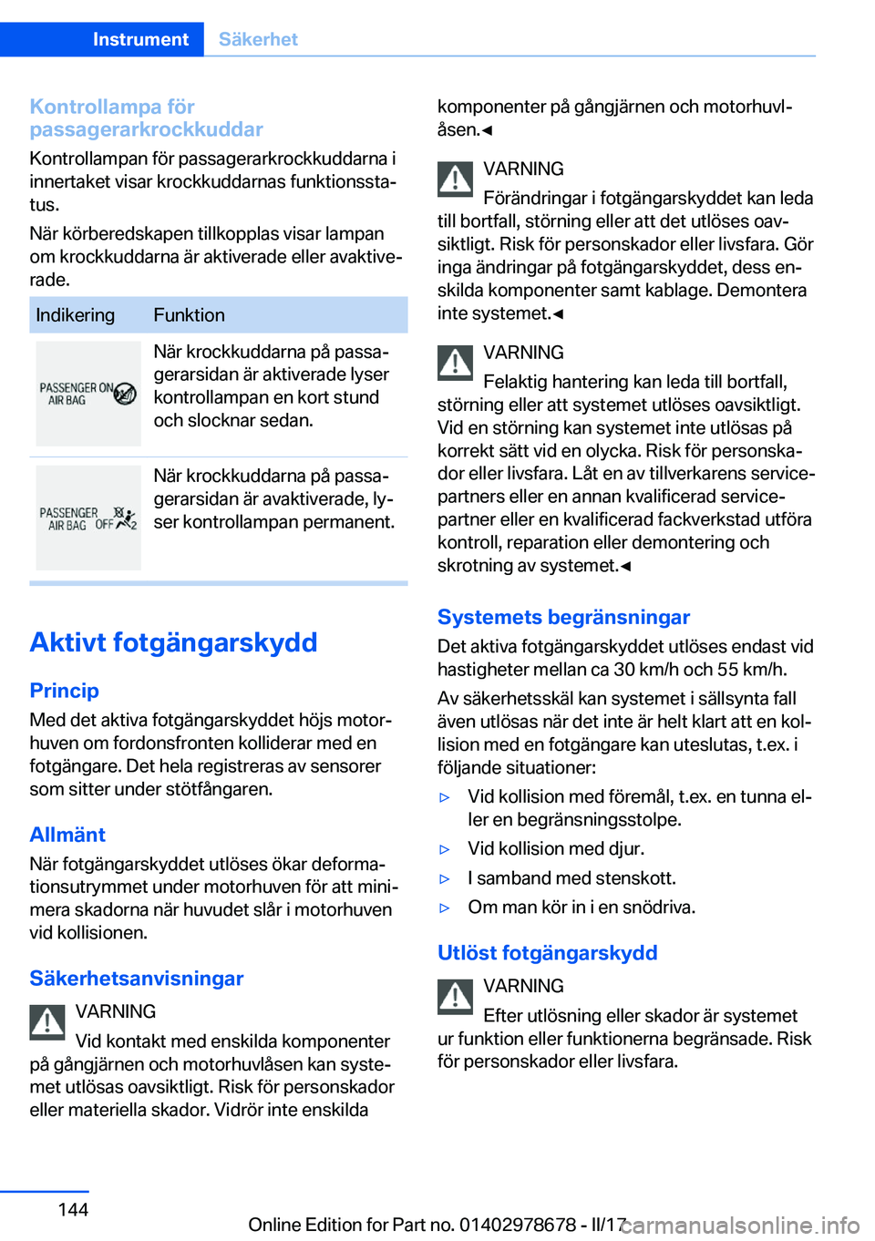 BMW 5 SERIES 2017  InstruktionsbÖcker (in Swedish) �K�o�n�t�r�o�l�l�a�m�p�a��f�