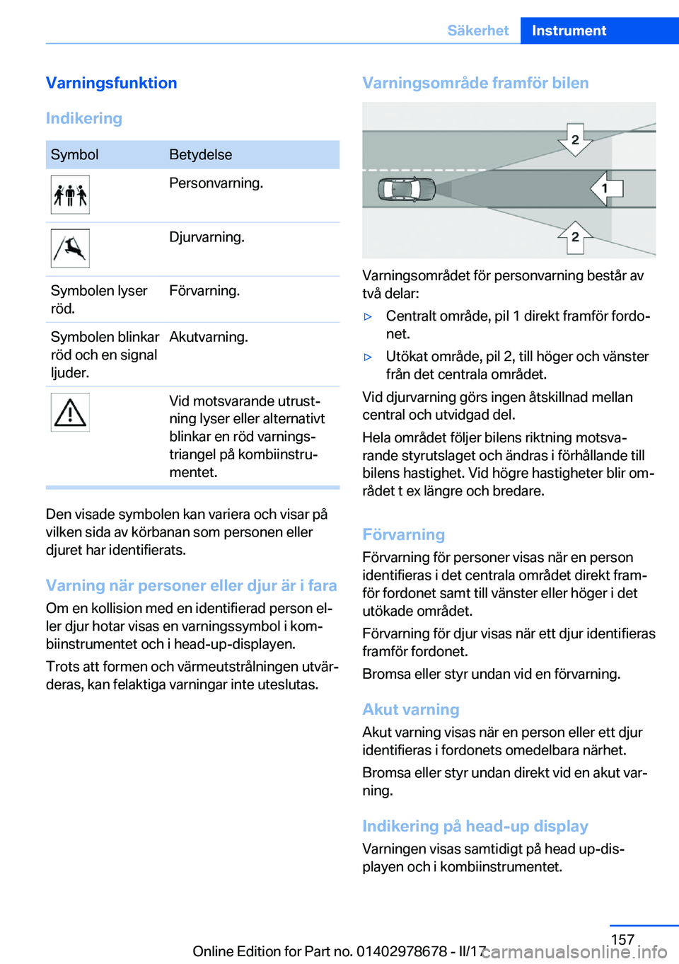 BMW 5 SERIES 2017  InstruktionsbÖcker (in Swedish) �V�a�r�n�i�n�g�s�f�u�n�k�t�i�o�n
�I�n�d�i�k�e�r�i�n�g�S�y�m�b�o�l�B�e�t�y�d�e�l�s�e�P�e�r�s�o�n�v�a�r�n�i�n�g�.�D�j�u�r�v�a�r�n�i�n�g�.�S�y�m�b�o�l�e�n� �l�y�s�e�r
�r�ö�d�.�F�ö�r�v�a�r�n�i�n�g�.�S�y