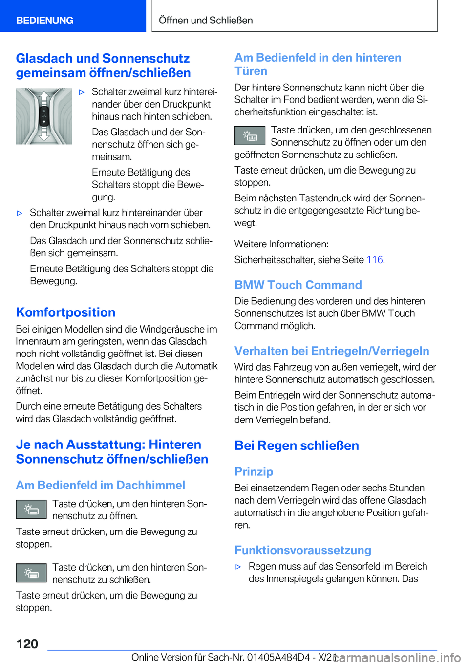 BMW 7 SERIES 2022  Betriebsanleitungen (in German) �G�l�a�s�d�a�c�h��u�n�d��S�o�n�n�e�n�s�c�h�u�t�z
�g�e�m�e�i�n�s�a�m��