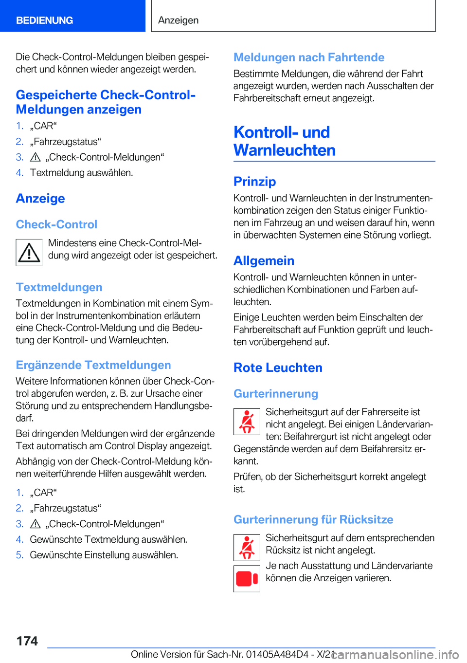 BMW 7 SERIES 2022  Betriebsanleitungen (in German) �D�i�e��C�h�e�c�k�-�C�o�n�t�r�o�l�-�M�e�l�d�u�n�g�e�n��b�l�e�i�b�e�n��g�e�s�p�e�ij
�c�h�e�r�t��u�n�d��k�