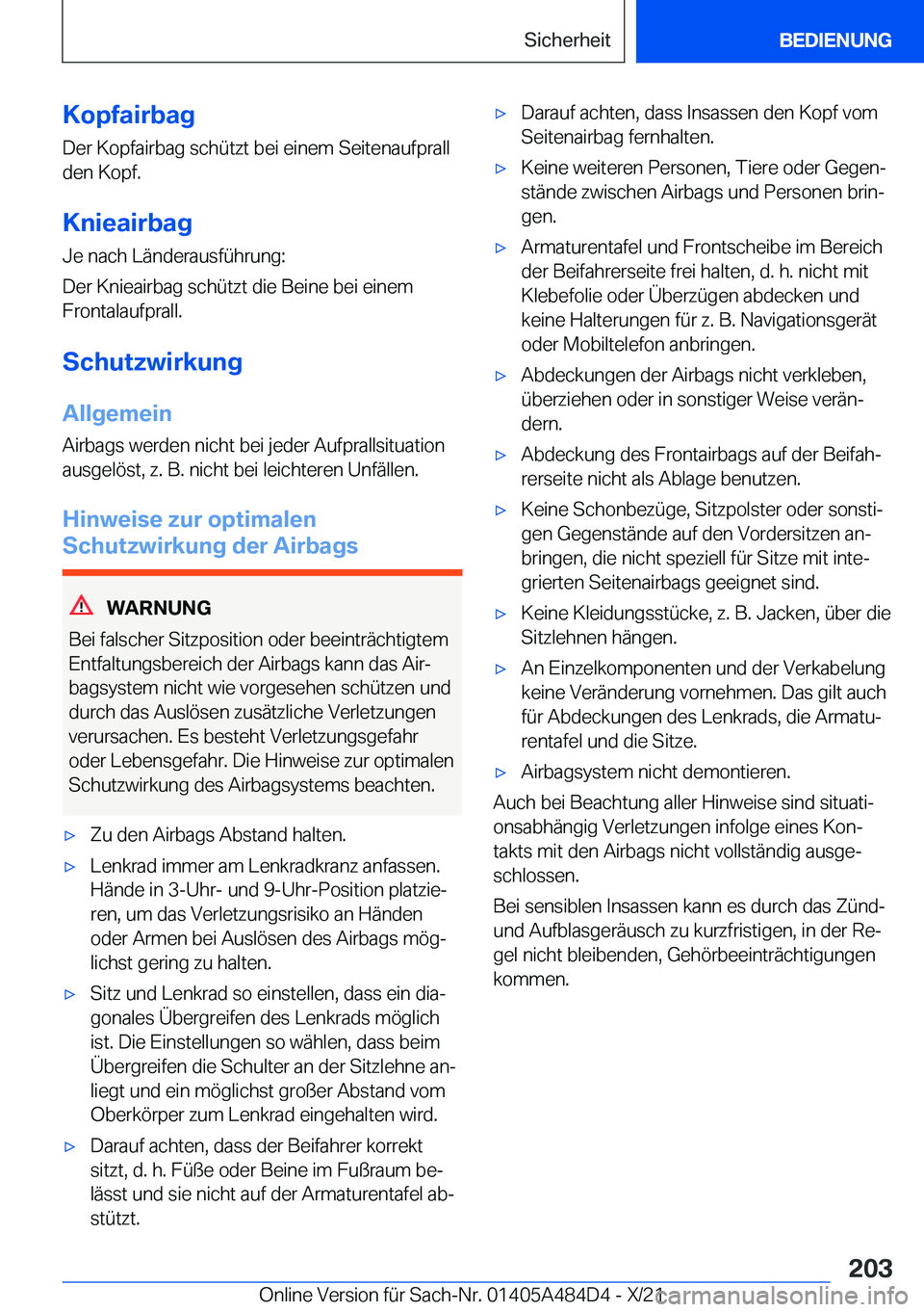 BMW 7 SERIES 2022  Betriebsanleitungen (in German) �K�o�p�f�a�i�r�b�a�g�D�e�r��K�o�p�f�a�i�r�b�a�g��s�c�h�