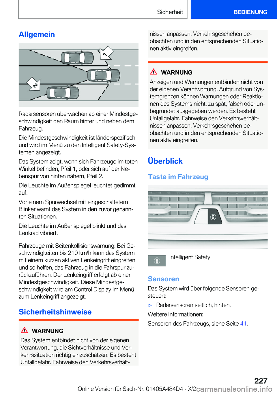BMW 7 SERIES 2022  Betriebsanleitungen (in German) �A�l�l�g�e�m�e�i�n
�R�a�d�a�r�s�e�n�s�o�r�e�n��