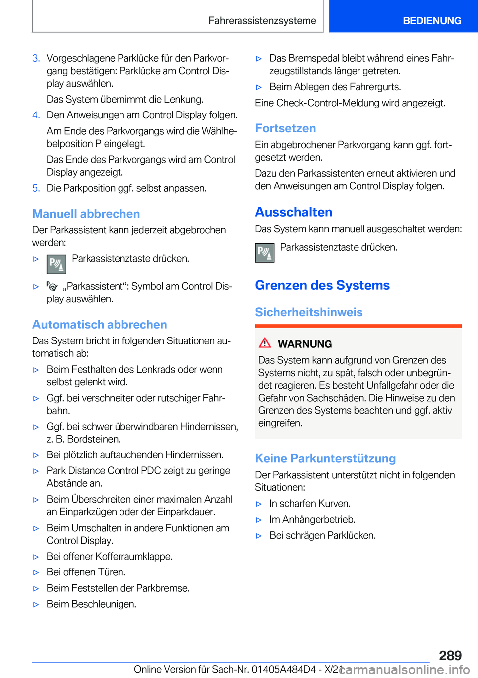 BMW 7 SERIES 2022  Betriebsanleitungen (in German) �3�.�V�o�r�g�e�s�c�h�l�a�g�e�n�e��P�a�r�k�l�