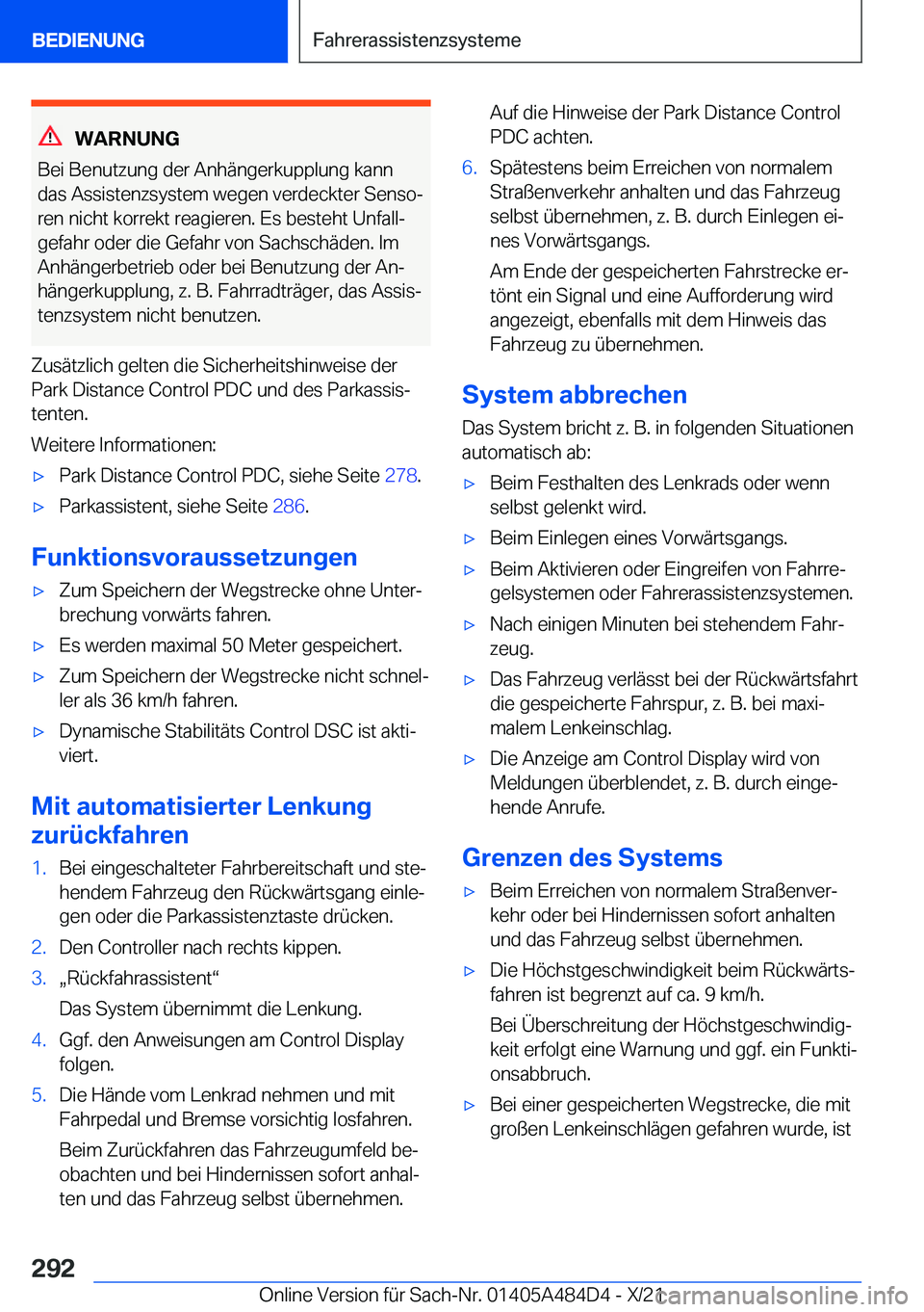 BMW 7 SERIES 2022  Betriebsanleitungen (in German) �W�A�R�N�U�N�G
�B�e�i��B�e�n�u�t�z�u�n�g��d�e�r��A�n�h�