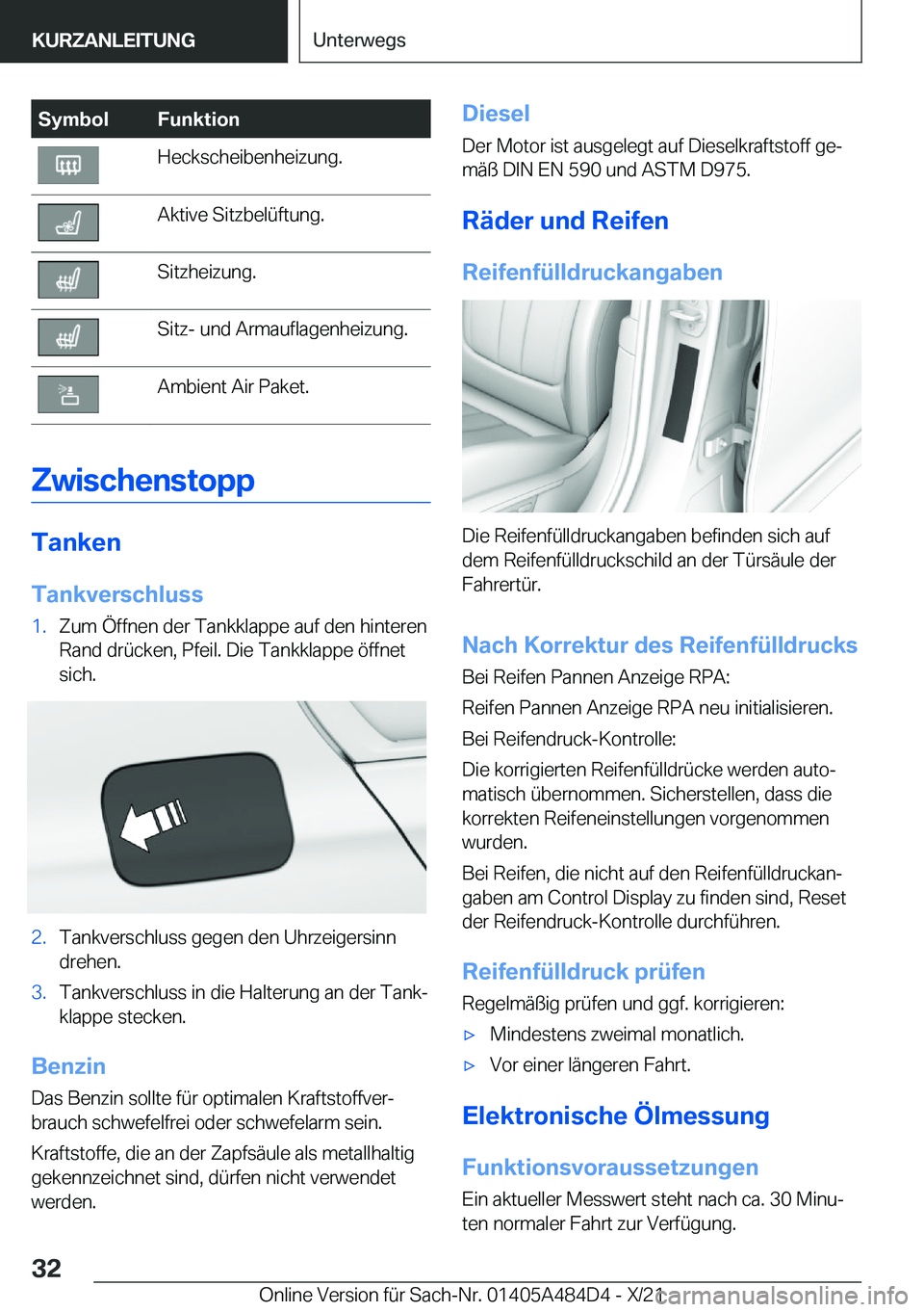 BMW 7 SERIES 2022  Betriebsanleitungen (in German) �S�y�m�b�o�l�F�u�n�k�t�i�o�n�H�e�c�k�s�c�h�e�i�b�e�n�h�e�i�z�u�n�g�.�A�k�t�i�v�e��S�i�t�z�b�e�l�