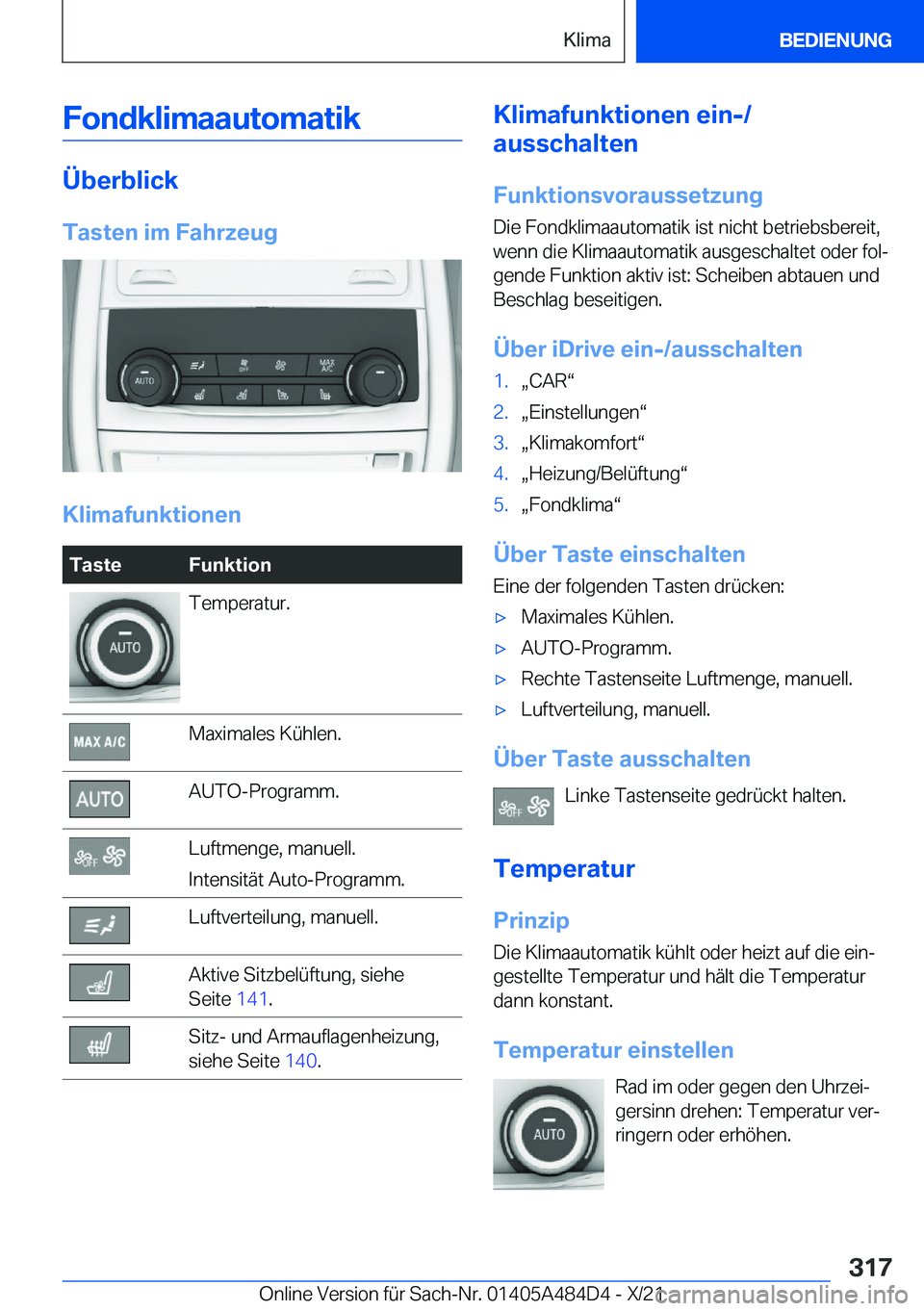BMW 7 SERIES 2022  Betriebsanleitungen (in German) �F�o�n�d�k�l�i�m�a�a�u�t�o�m�a�t�i�k
�