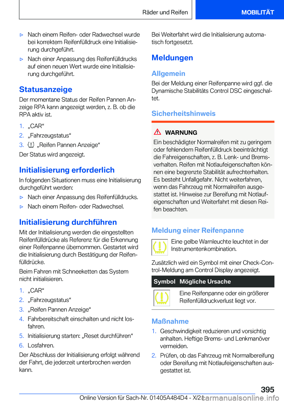 BMW 7 SERIES 2022  Betriebsanleitungen (in German) 'x�N�a�c�h��e�i�n�e�m��R�e�i�f�e�n�-��o�d�e�r��R�a�d�w�e�c�h�s�e�l��w�u�r�d�e�b�e�i��k�o�r�r�e�k�t�e�m��R�e�i�f�e�n�f�