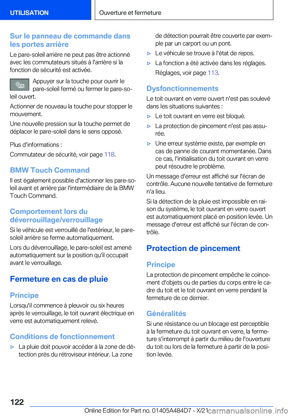 BMW 7 SERIES 2022  Notices Demploi (in French) �S�u�r��l�e��p�a�n�n�e�a�u��d�e��c�o�m�m�a�n�d�e��d�a�n�s
�l�e�s��p�o�r�t�e�s��a�r�r�i�è�r�e
�L�e��p�a�r�e�-�s�o�l�e�i�l��a�r�r�i�è�r�e��n�e��p�e�u�t��p�a�s��ê�t�r�e��a�c�t�i�o�n�n�é