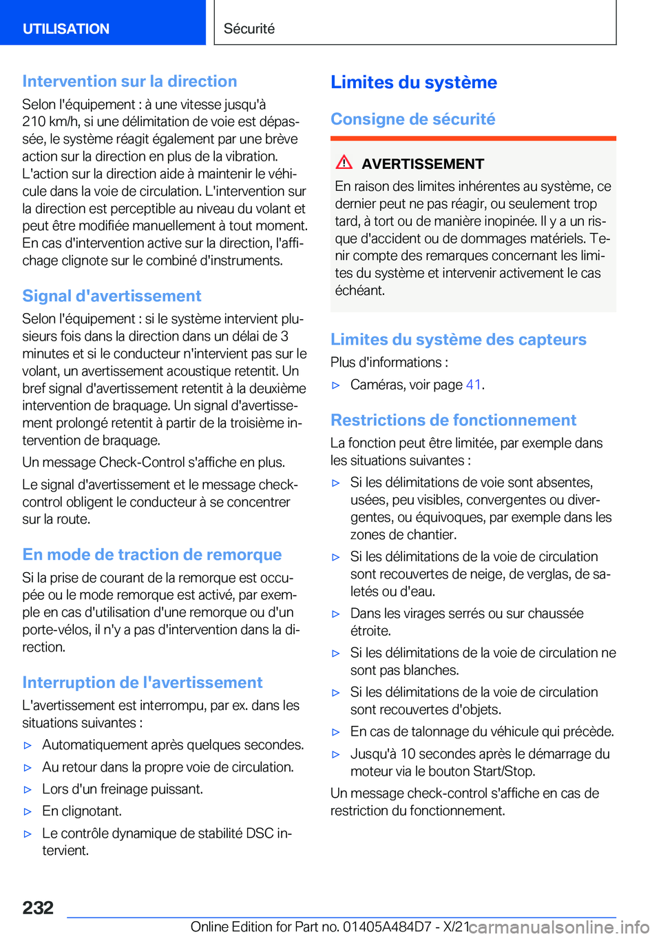 BMW 7 SERIES 2022  Notices Demploi (in French) �I�n�t�e�r�v�e�n�t�i�o�n��s�u�r��l�a��d�i�r�e�c�t�i�o�n�S�e�l�o�n��l�'�é�q�u�i�p�e�m�e�n�t��:��