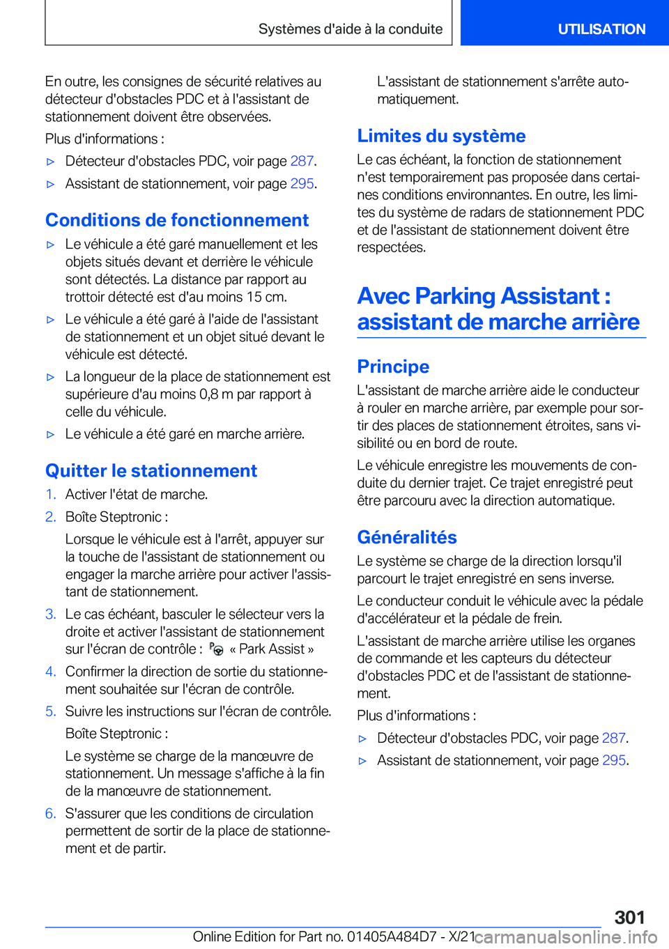 BMW 7 SERIES 2022  Notices Demploi (in French) �E�n��o�u�t�r�e�,��l�e�s��c�o�n�s�i�g�n�e�s��d�e��s�é�c�u�r�i�t�é��r�e�l�a�t�i�v�e�s��a�u
�d�é�t�e�c�t�e�u�r��d�'�o�b�s�t�a�c�l�e�s��P�D�C��e�t��