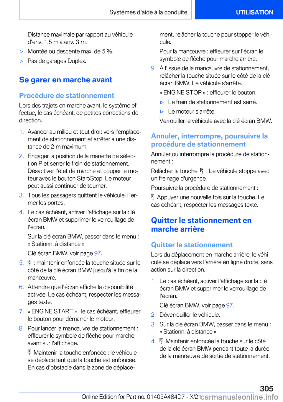 BMW 7 SERIES 2022  Notices Demploi (in French) �D�i�s�t�a�n�c�e��m�a�x�i�m�a�l�e��p�a�r��r�a�p�p�o�r�t��a�u��v�é�h�i�c�u�l�e
�d�'�e�n�v�.��1�,�5��m��