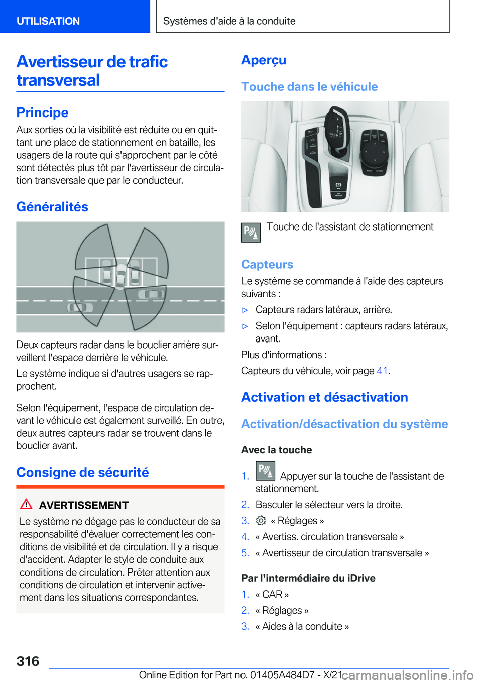 BMW 7 SERIES 2022  Notices Demploi (in French) �A�v�e�r�t�i�s�s�e�u�r��d�e��t�r�a�f�i�c�t�r�a�n�s�v�e�r�s�a�l
�P�r�i�n�c�i�p�e
�A�u�x��s�o�r�t�i�e�s��o�