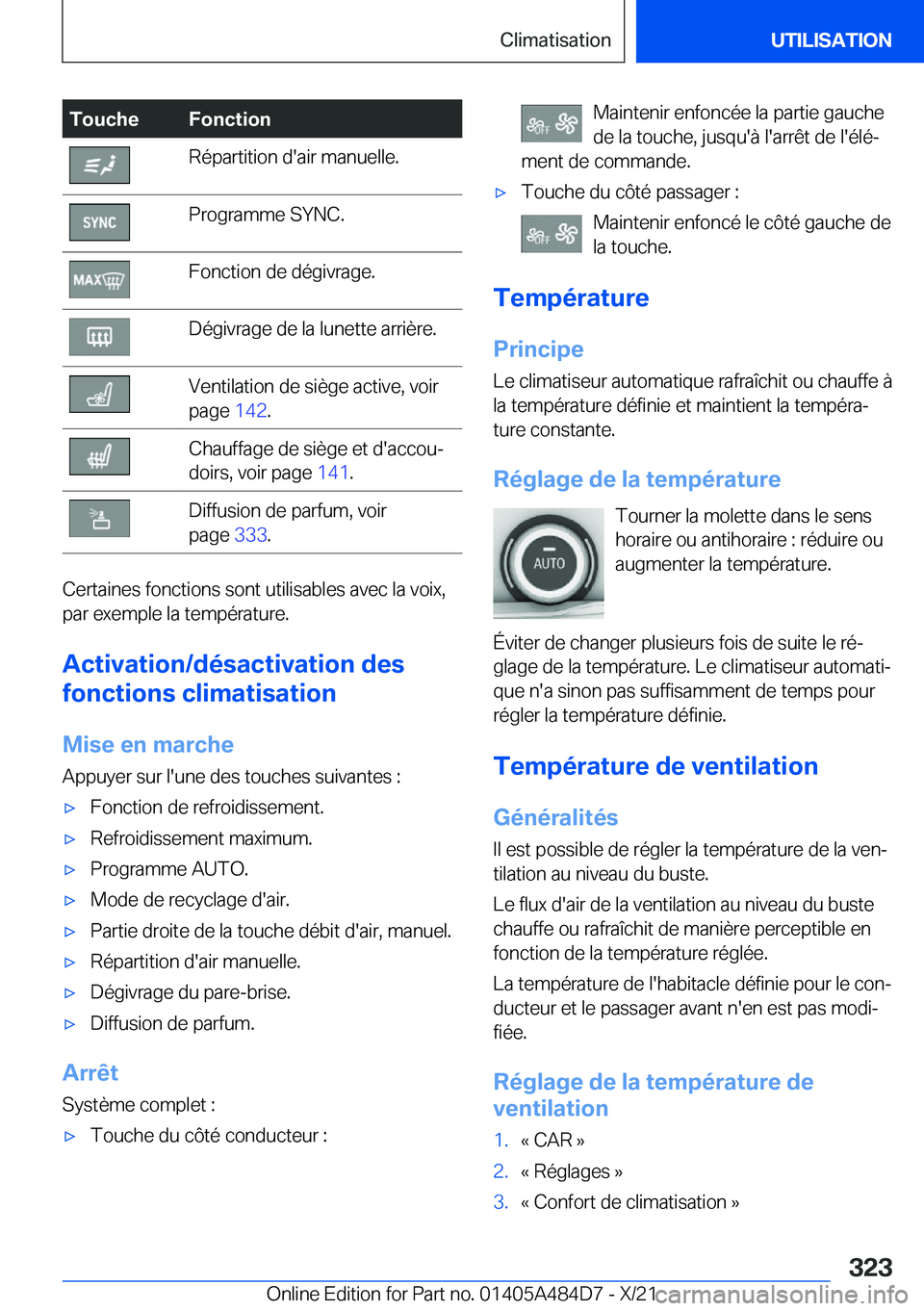 BMW 7 SERIES 2022  Notices Demploi (in French) �T�o�u�c�h�e�F�o�n�c�t�i�o�n�R�é�p�a�r�t�i�t�i�o�n��d�'�a�i�r��m�a�n�u�e�l�l�e�.�P�r�o�g�r�a�m�m�e��S�Y�N�C�.�F�o�n�c�t�i�o�n��d�e��d�é�g�i�v�r�a�g�e�.�D�é�g�i�v�r�a�g�e��d�e��l�a��l�u�