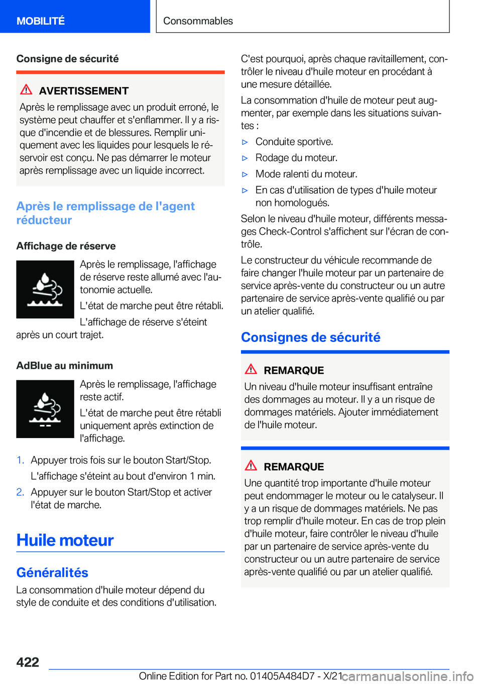 BMW 7 SERIES 2022  Notices Demploi (in French) �C�o�n�s�i�g�n�e��d�e��s�é�c�u�r�i�t�é
�A�V�E�R�T�I�S�S�E�M�E�N�T
�A�p�r�è�s��l�e��r�e�m�p�l�i�s�s�a�g�e��a�v�e�c��u�n��p�r�o�d�u�i�t��e�r�r�o�n�é�,��l�e �s�y�s�t�è�m�e��p�e�u�t��c�h�a