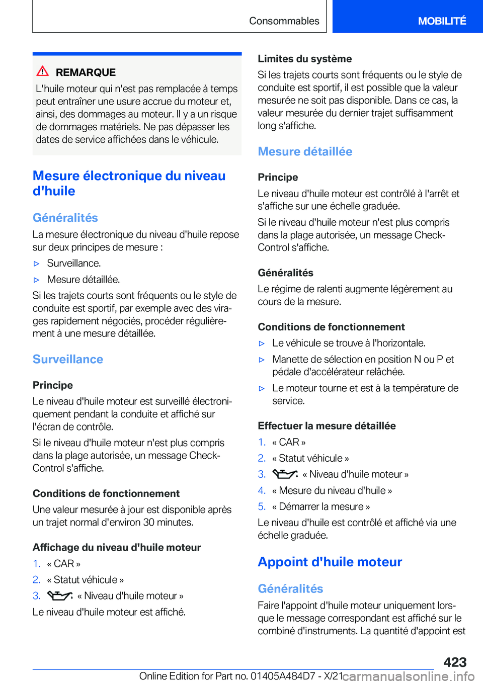 BMW 7 SERIES 2022  Notices Demploi (in French) �R�E�M�A�R�Q�U�E
�L�'�h�u�i�l�e��m�o�t�e�u�r��q�u�i��n�'�e�s�t��p�a�s��r�e�m�p�l�a�c�é�e��