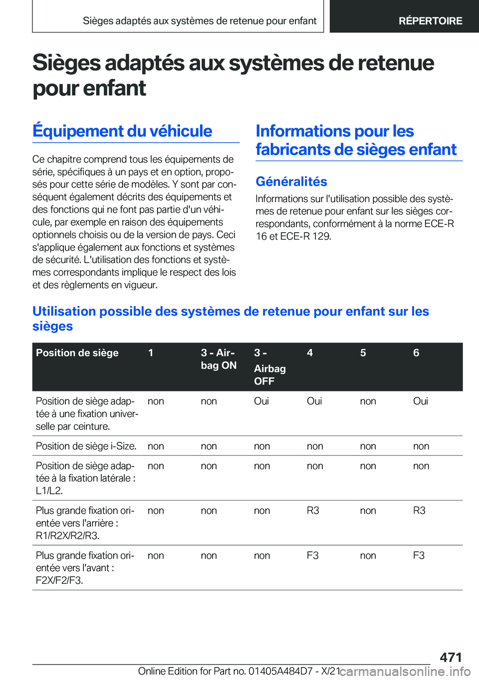 BMW 7 SERIES 2022  Notices Demploi (in French) �S�i�è�g�e�s��a�d�a�p�t�é�s��a�u�x��s�y�s�t�è�m�e�s��d�e��r�e�t�e�n�u�e
�p�o�u�r��e�n�f�a�n�t�