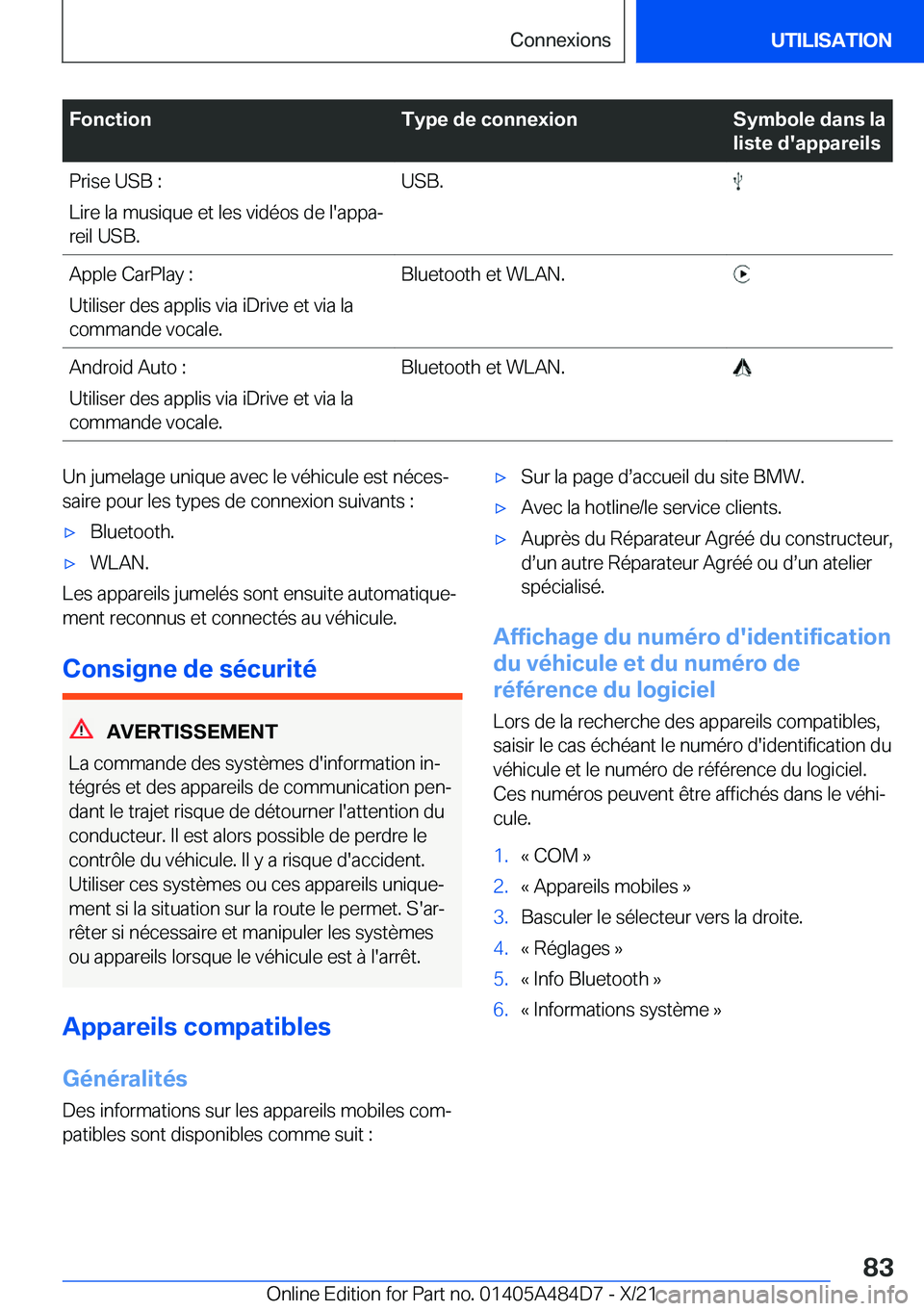 BMW 7 SERIES 2022  Notices Demploi (in French) �F�o�n�c�t�i�o�n�T�y�p�e��d�e��c�o�n�n�e�x�i�o�n�S�y�m�b�o�l�e��d�a�n�s��l�a
�l�i�s�t�e��d�'�a�p�p�a�r�e�i�l�s�P�r�i�s�e��U�S�B��:
�L�i�r�e��l�a��m�u�s�i�q�u�e��e�t��l�e�s��v�i�d�é�o�